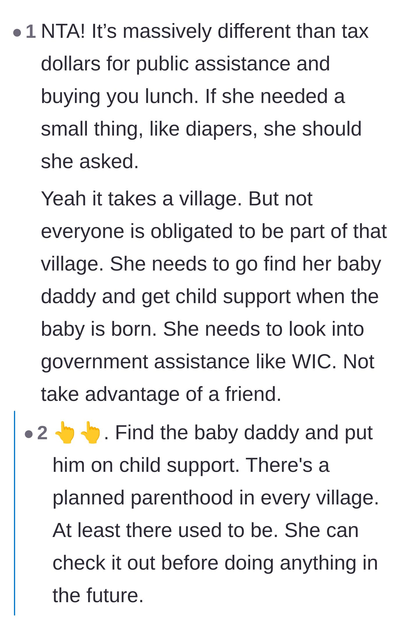 Comment thread 1 - A discussion on how government assistance works and why the 30-year-old father should be paying child support.