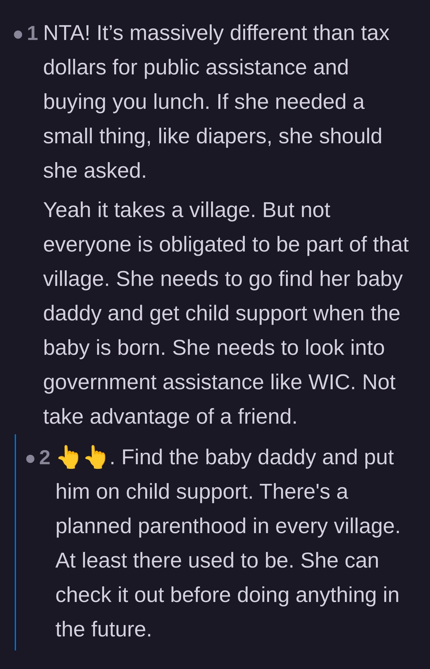 Comment thread 1 - A discussion on how government assistance works and why the 30-year-old father should be paying child support.