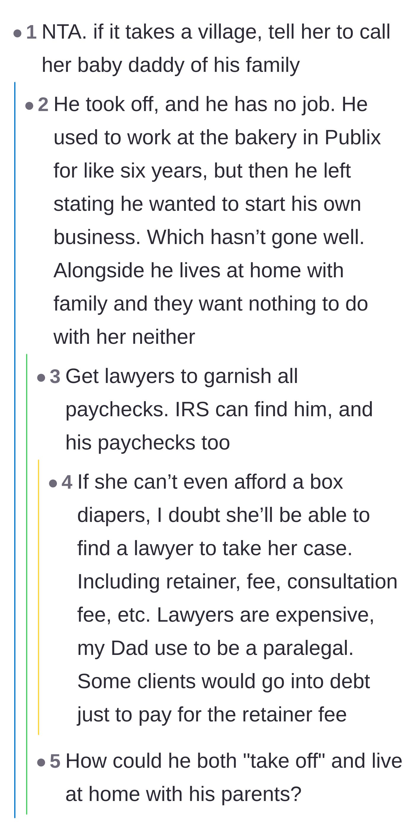 Comment thread 3 - Advice on redirecting the 'village' demands to the baby daddy's parents, plus details on his jobless status.