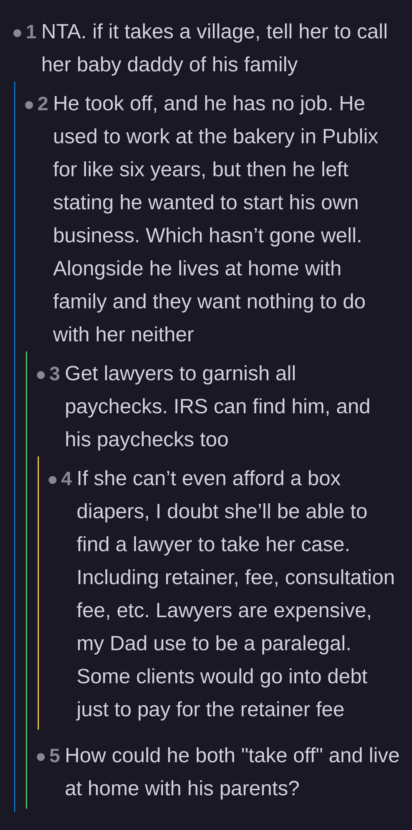 Comment thread 3 - Advice on redirecting the 'village' demands to the baby daddy's parents, plus details on his jobless status.