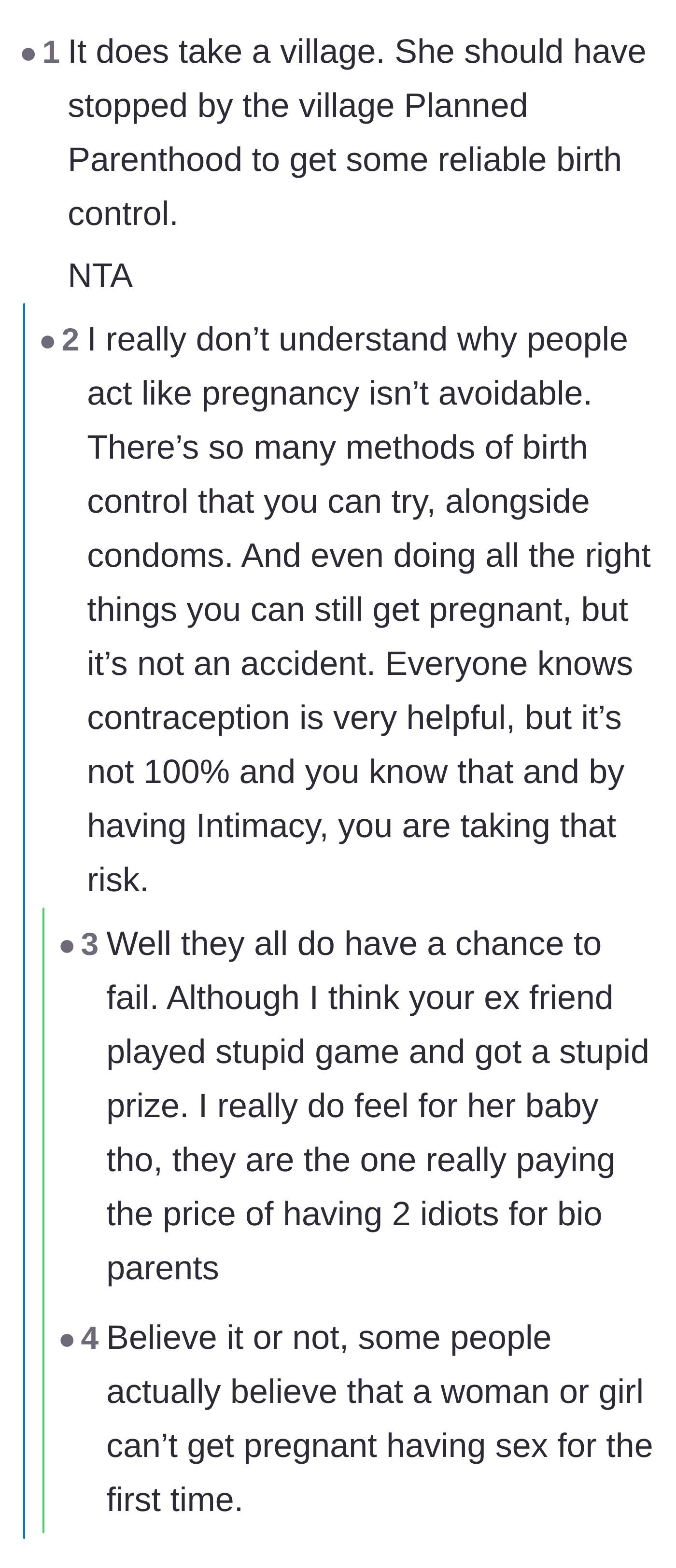 Comment thread 4 - A sarcastic take on finding a 'village Planned Parenthood' and a deep dive into personal responsibility and birth control.