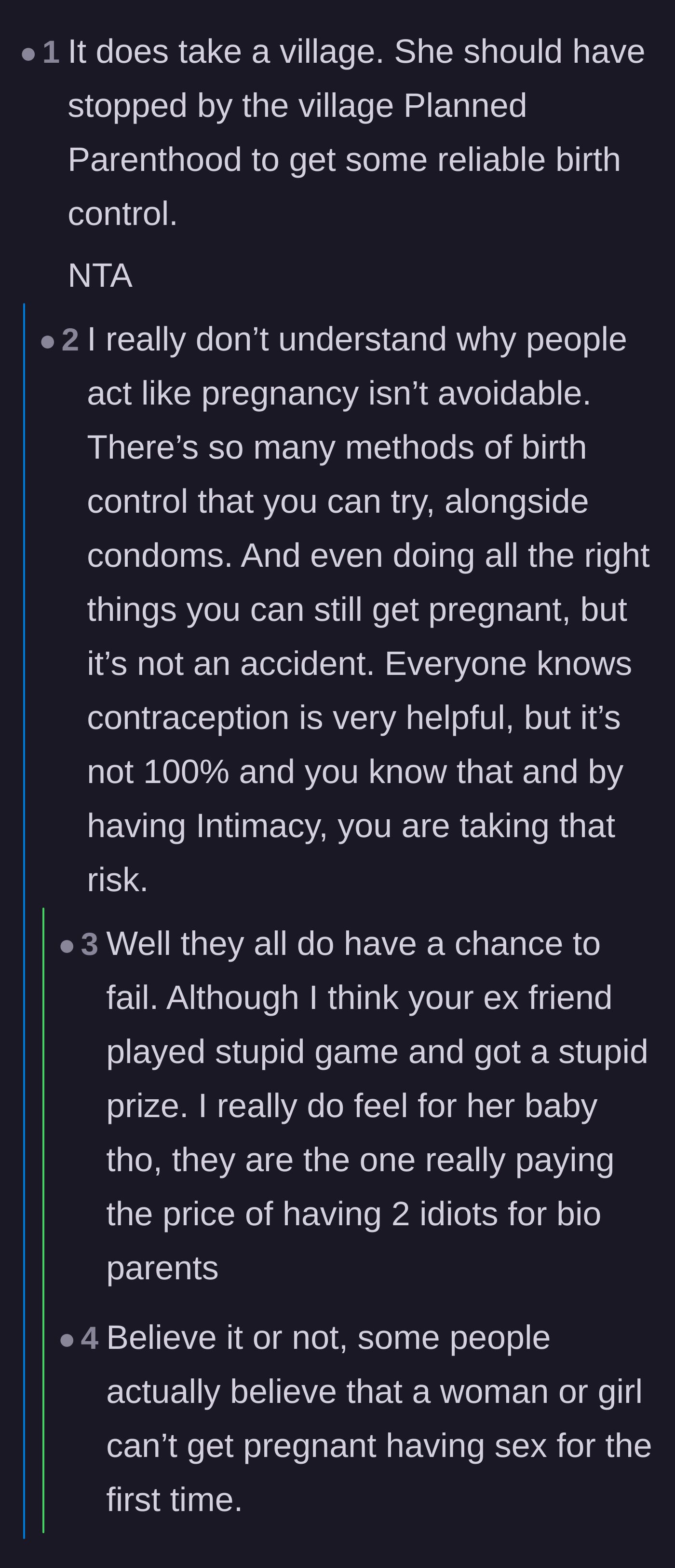 Comment thread 4 - A sarcastic take on finding a 'village Planned Parenthood' and a deep dive into personal responsibility and birth control.