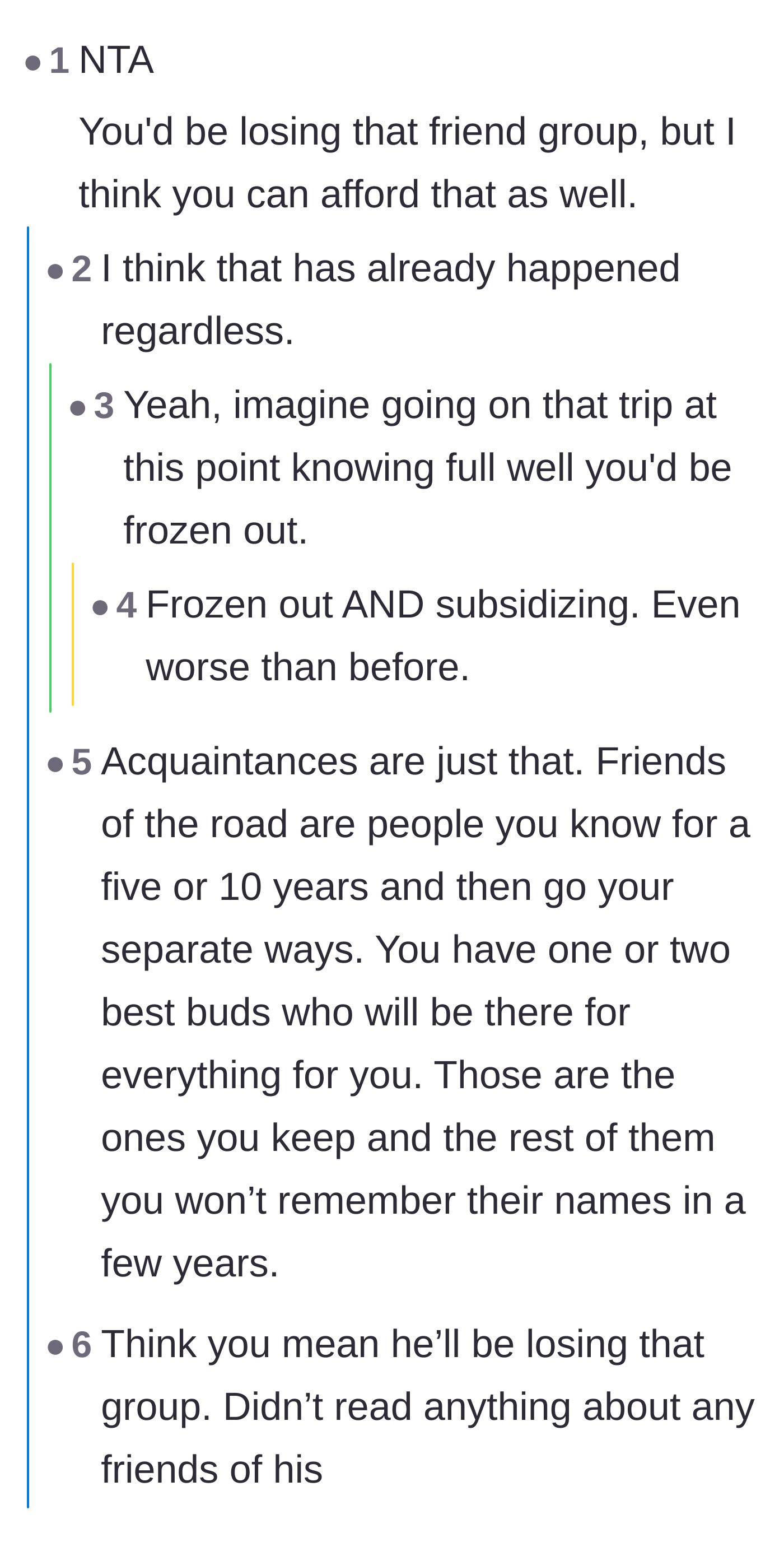 Comment thread 1 - Readers discuss how losing this friend group is actually a blessing in disguise since they were acting more like casual acquaintances.