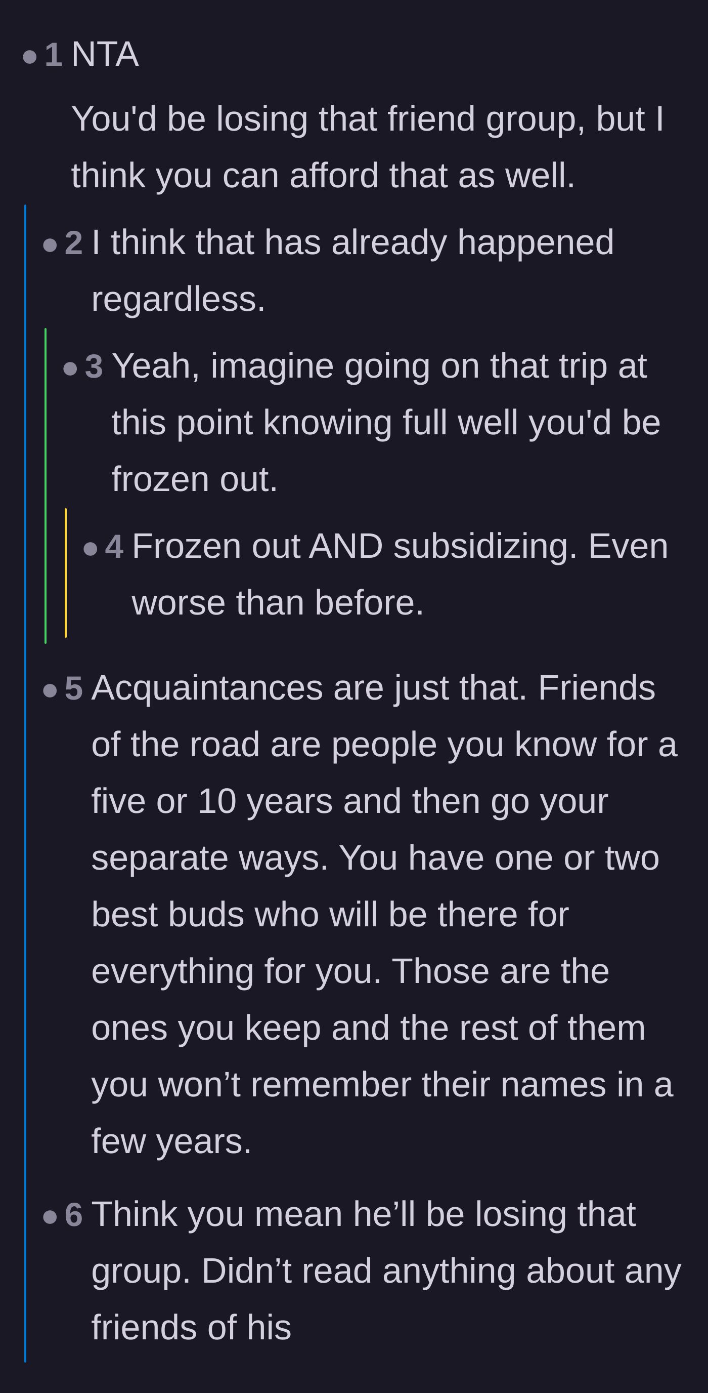 Comment thread 1 - Readers discuss how losing this friend group is actually a blessing in disguise since they were acting more like casual acquaintances.