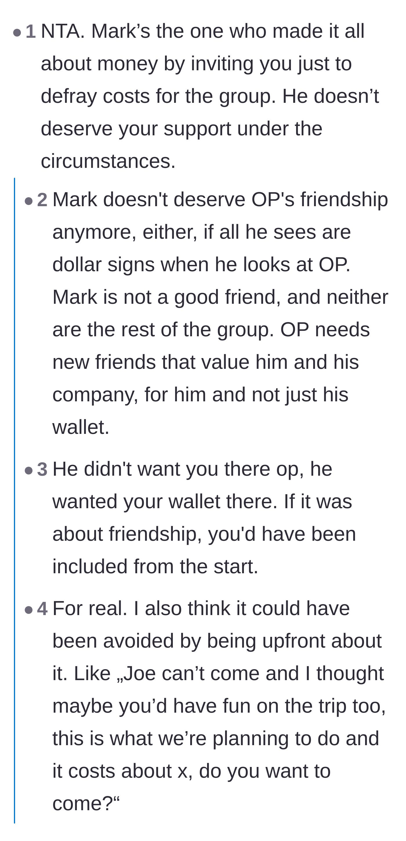 Comment thread 2 - A discussion calling out the groom for being the one who made the trip entirely about money.