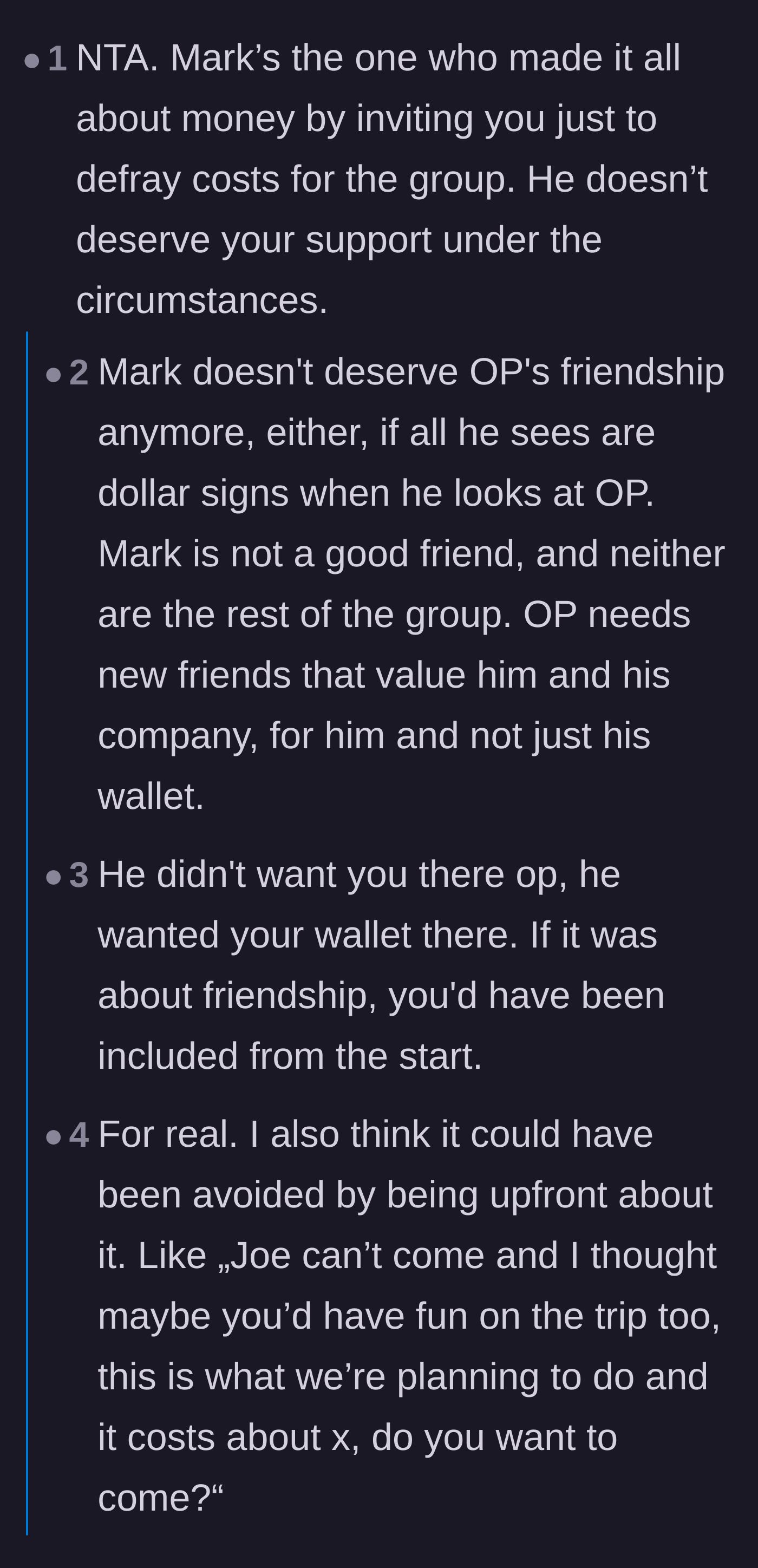 Comment thread 2 - A discussion calling out the groom for being the one who made the trip entirely about money.
