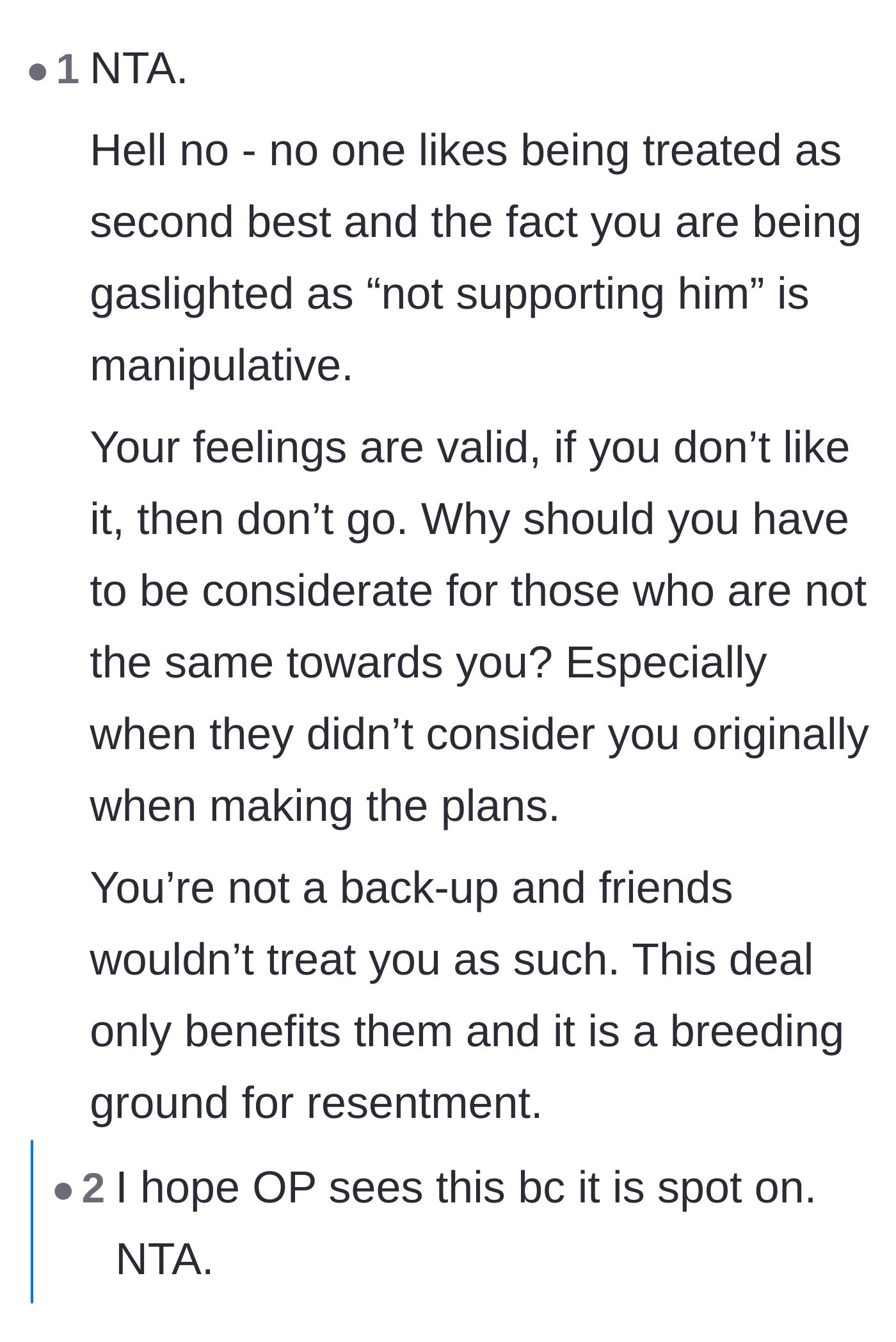 Comment thread 3 - Commenters validate the poster's feelings of being second-best and call out the groom's manipulative guilt-tripping.