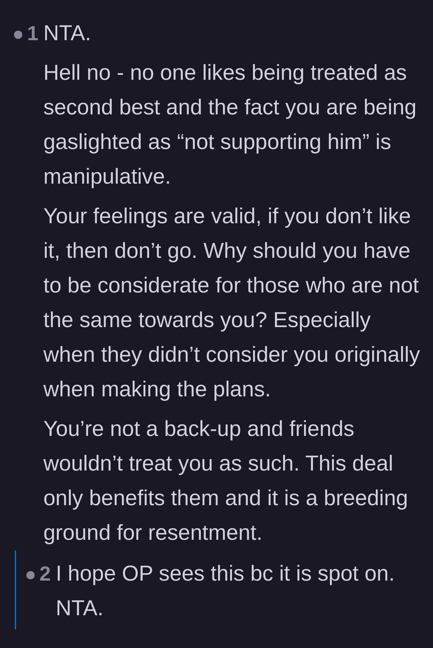 Comment thread 3 - Commenters validate the poster's feelings of being second-best and call out the groom's manipulative guilt-tripping.