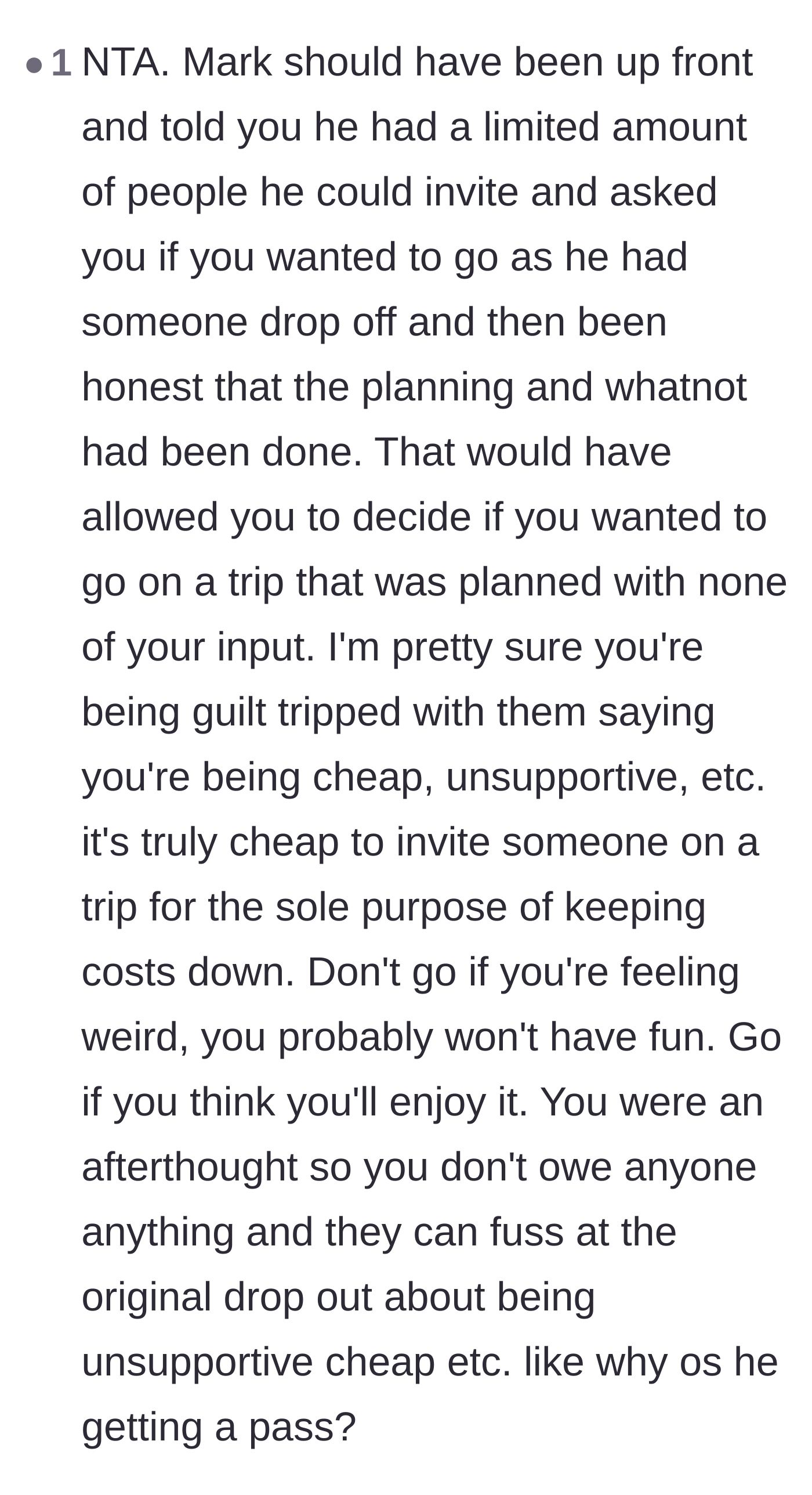 Comment thread 4 - Advice pointing out that the groom could have saved the friendship just by being honest about the situation upfront.