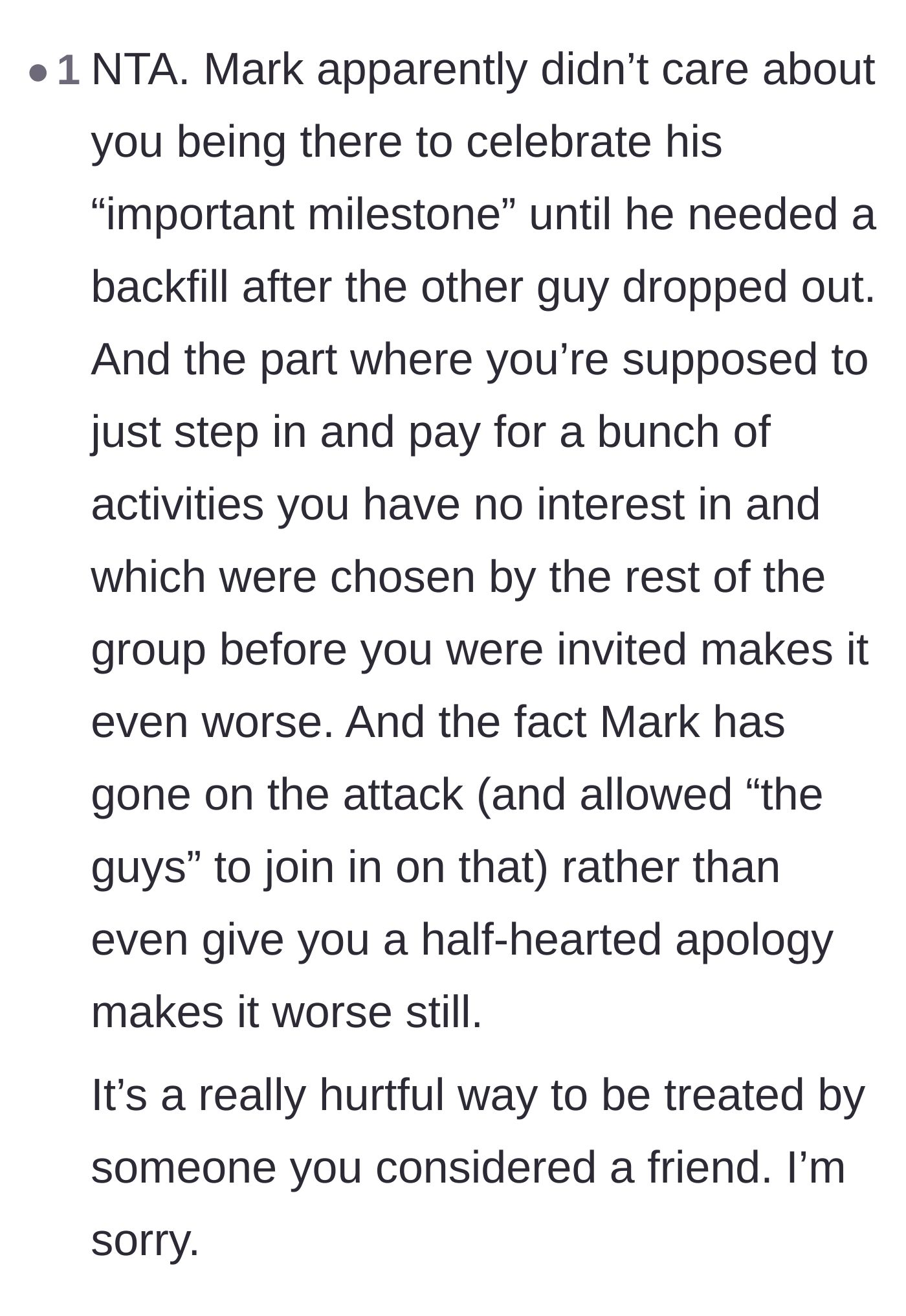 Comment thread 5 - A sympathetic thread highlighting how hurtful it is that the groom chose to attack rather than apologize.