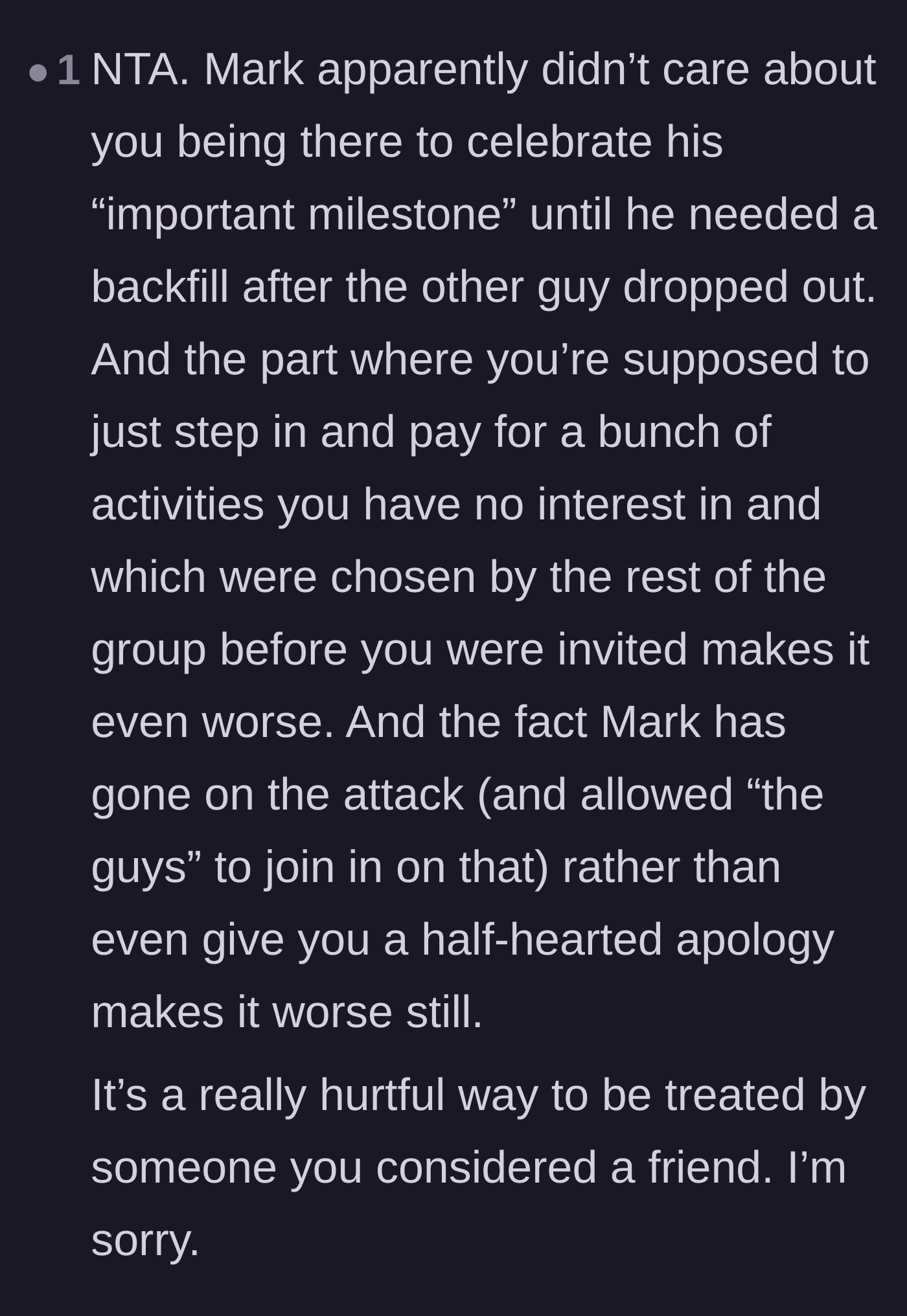 Comment thread 5 - A sympathetic thread highlighting how hurtful it is that the groom chose to attack rather than apologize.