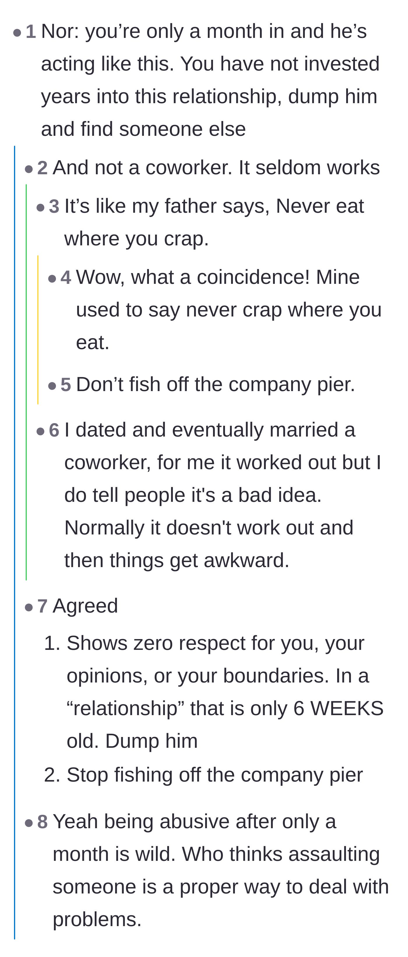 Comment thread 1 - Readers debating the golden rule of workplace romance and sharing horror stories of dating coworkers.