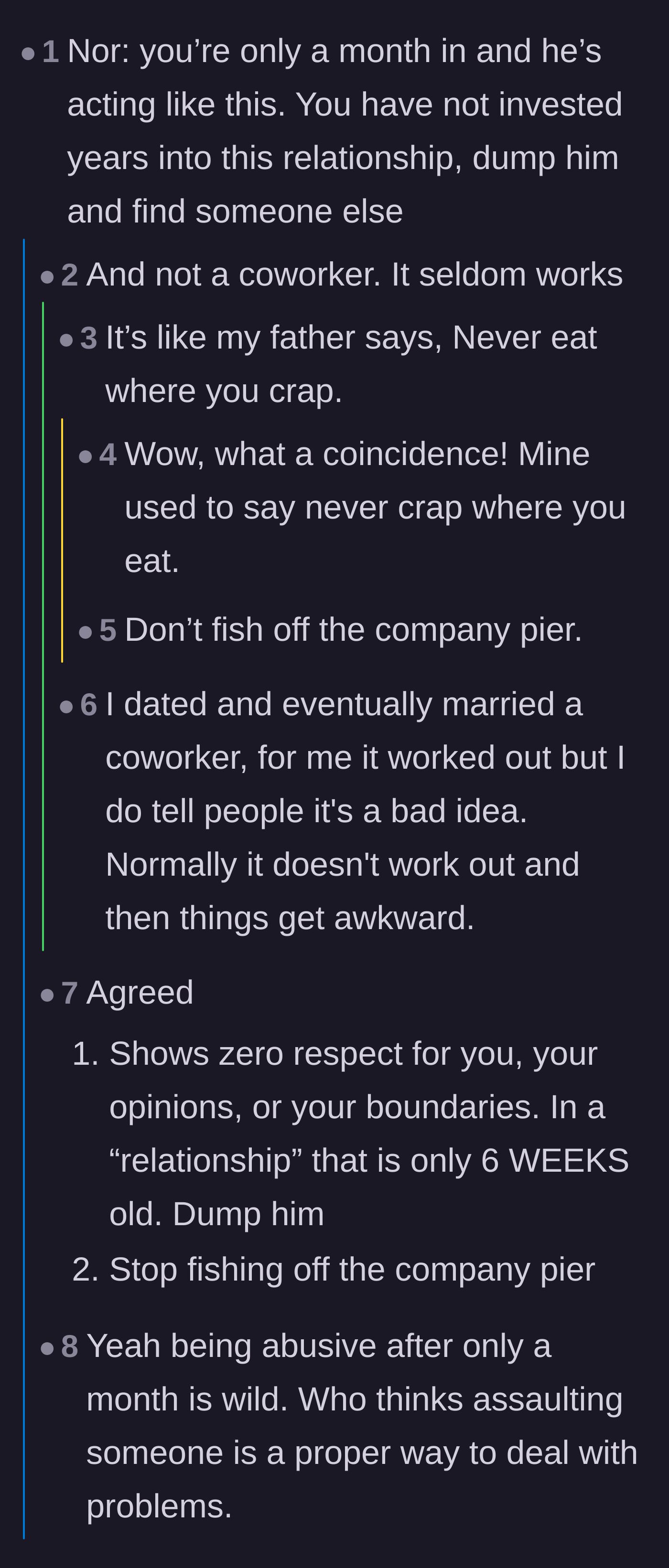 Comment thread 1 - Readers debating the golden rule of workplace romance and sharing horror stories of dating coworkers.