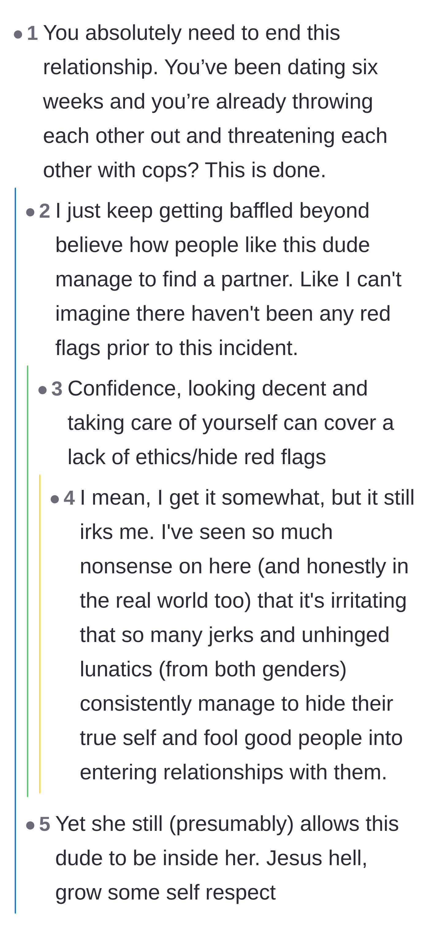 Comment thread 4 - Commenters expressing sheer bafflement over how a six-week relationship already involves screaming matches and police threats.