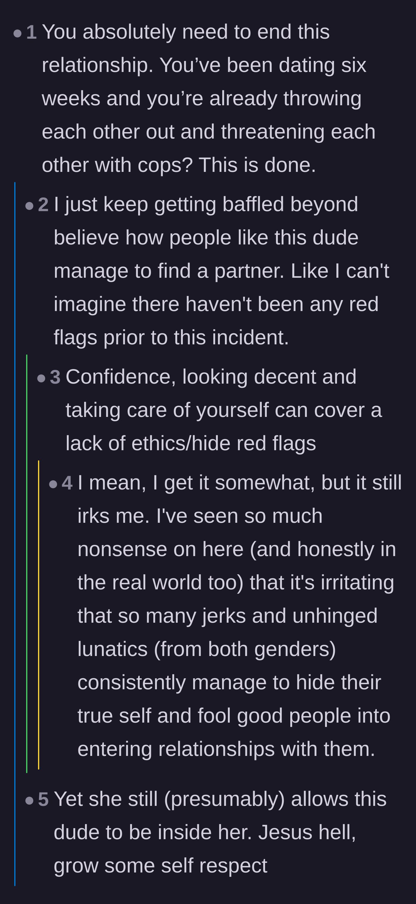 Comment thread 4 - Commenters expressing sheer bafflement over how a six-week relationship already involves screaming matches and police threats.