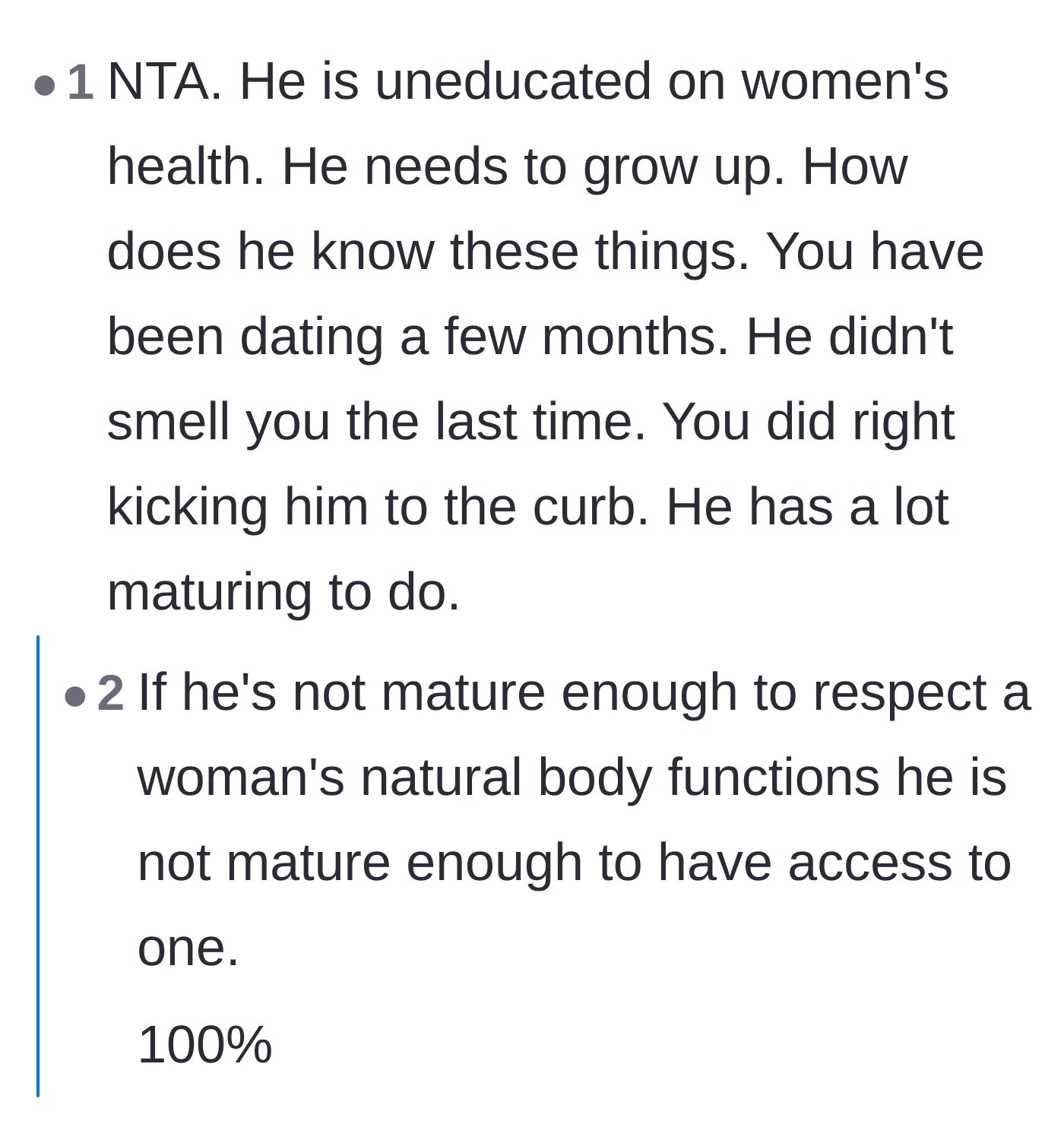 Comment thread 4 - Agreement that if a man cannot respect a woman's natural body functions, he shouldn't have access to her body.