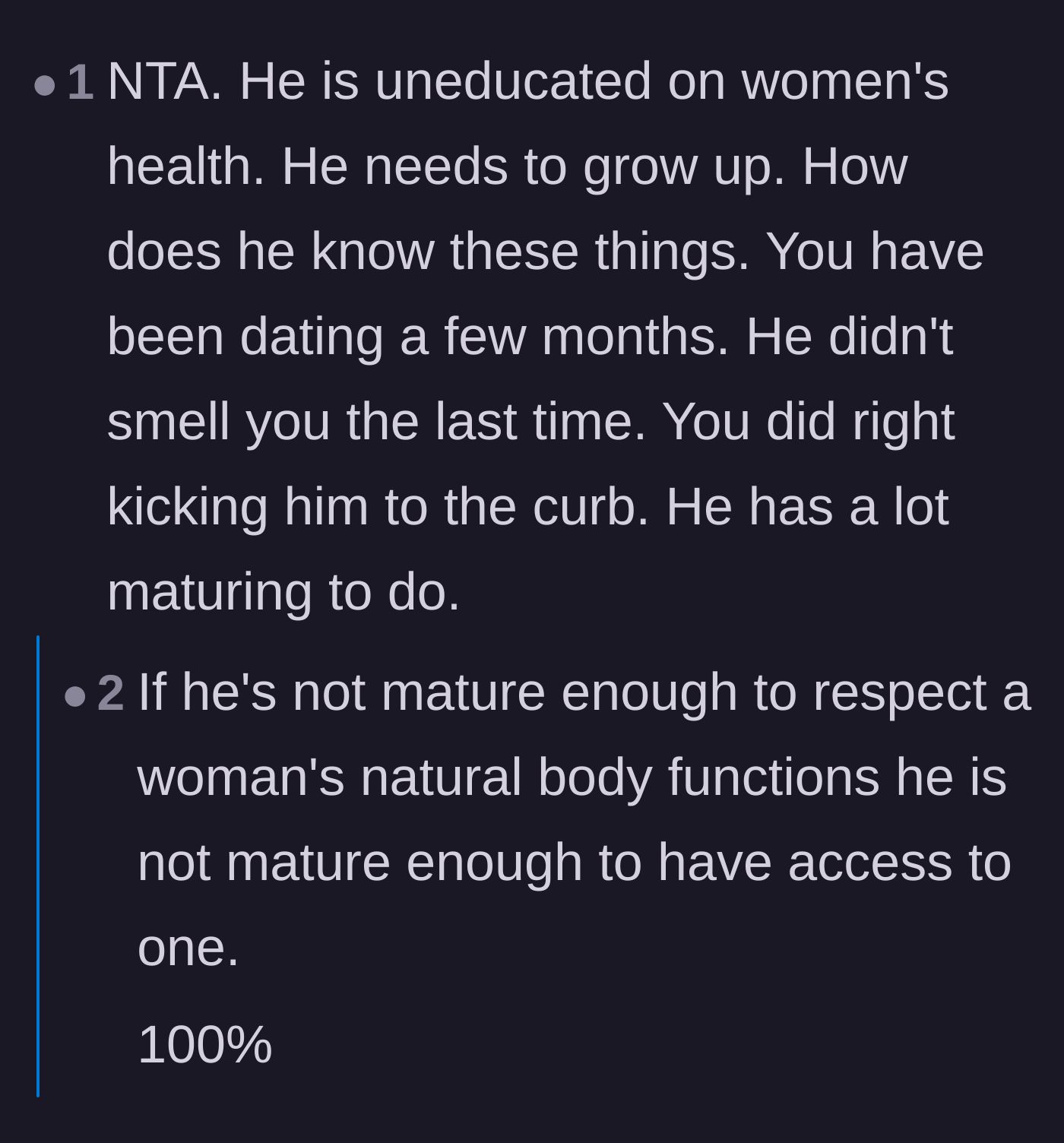 Comment thread 4 - Agreement that if a man cannot respect a woman's natural body functions, he shouldn't have access to her body.