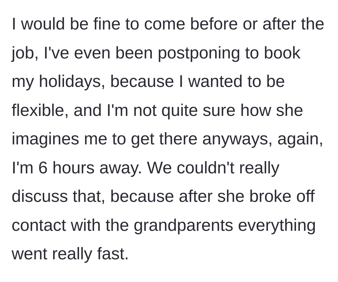 Story part 6 - Godmother points out the six-hour distance and the logistical nightmare of arriving in time for unpredictable labor.
