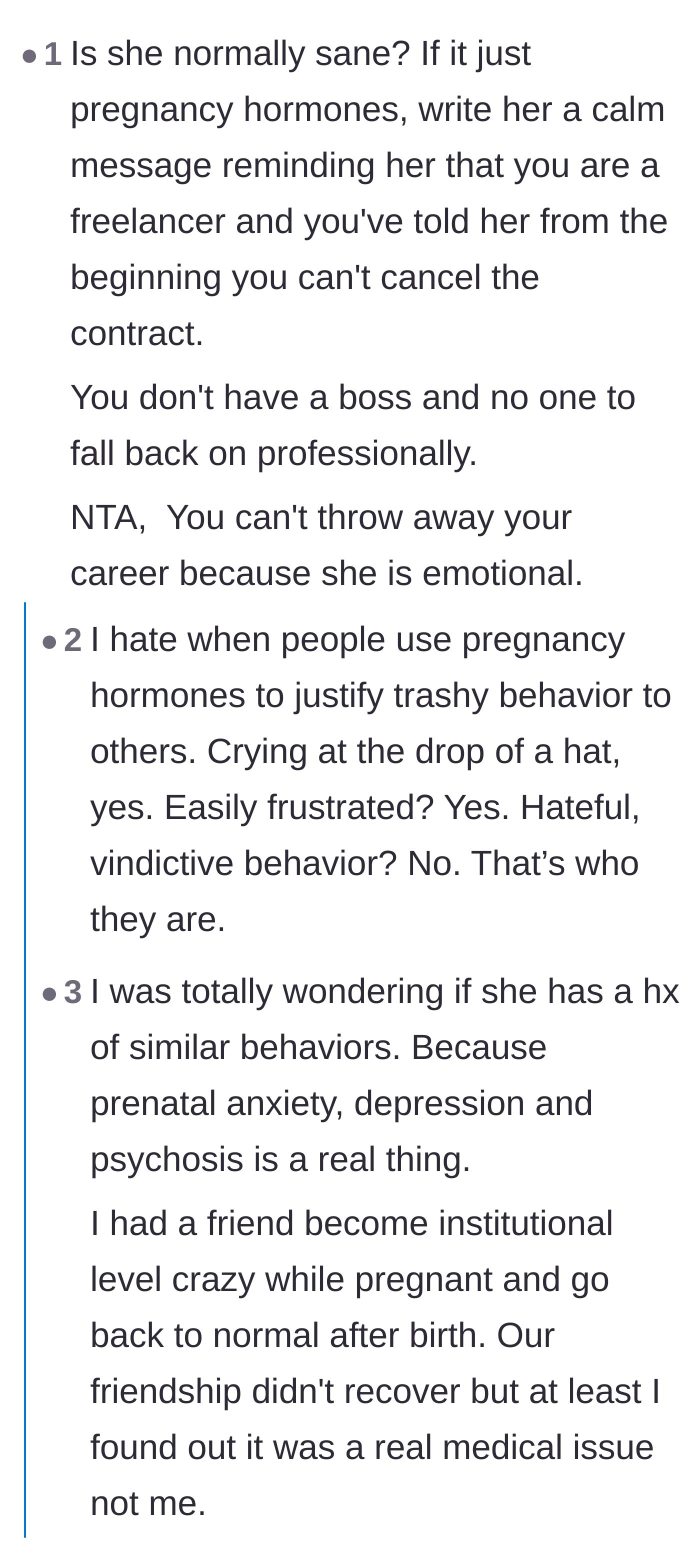 Comment thread 6 - A nuanced debate on whether the friend's behavior stems from prenatal anxiety or just pure entitlement.
