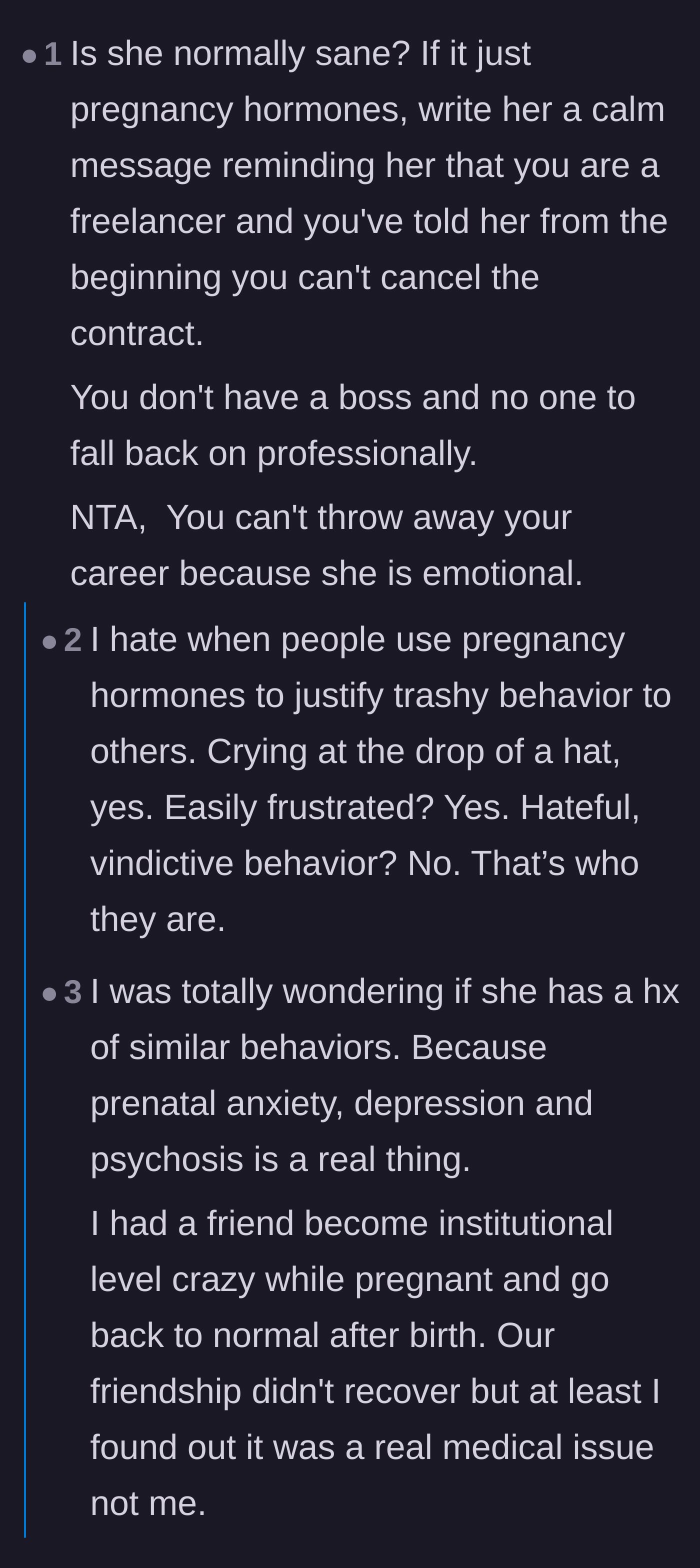 Comment thread 6 - A nuanced debate on whether the friend's behavior stems from prenatal anxiety or just pure entitlement.