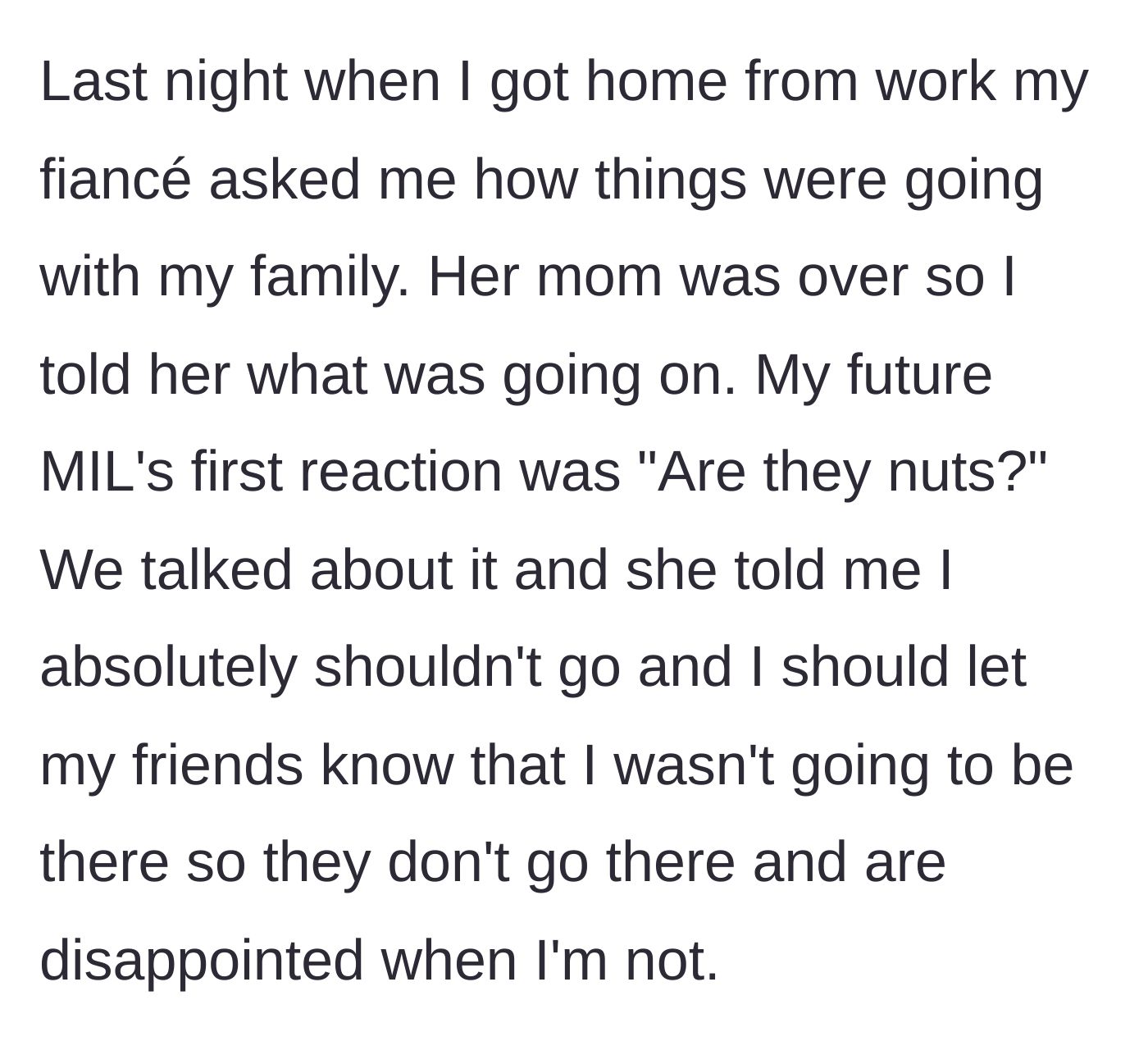 Story part 10 - Future mother-in-law reacting with shock and giving great advice.
