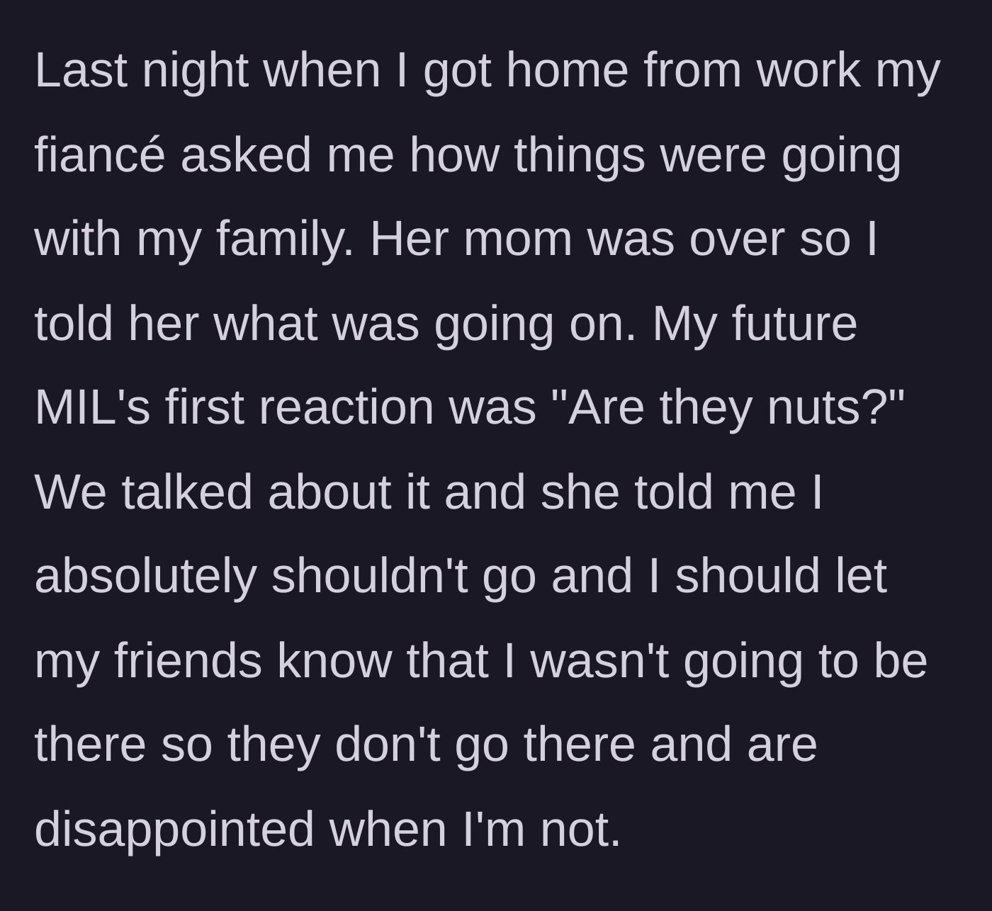 Story part 10 - Future mother-in-law reacting with shock and giving great advice.
