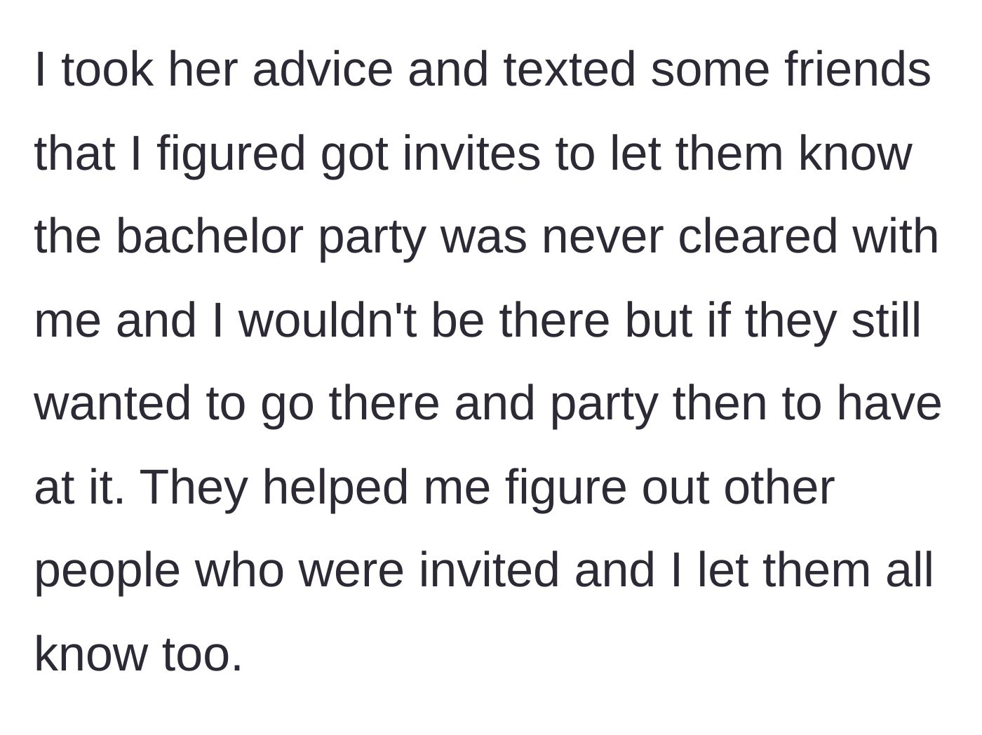 Story part 11 - Groom texting all his invited friends to warn them he won't be there.