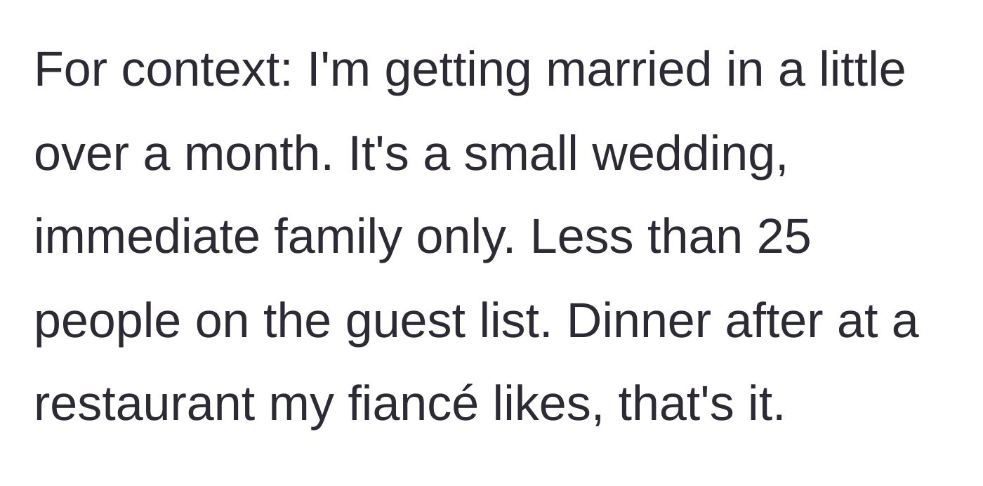 Story part 1 - Groom describing his small, low-key wedding plans.