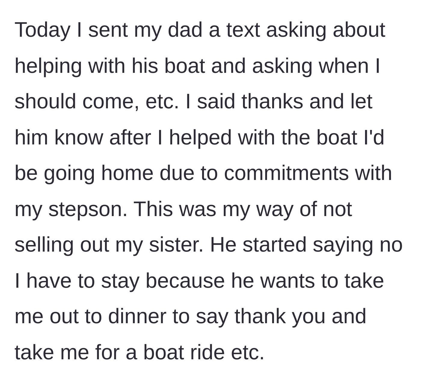 Story part 4 - Groom texting his dad to confirm the boat trip but setting a hard out time.