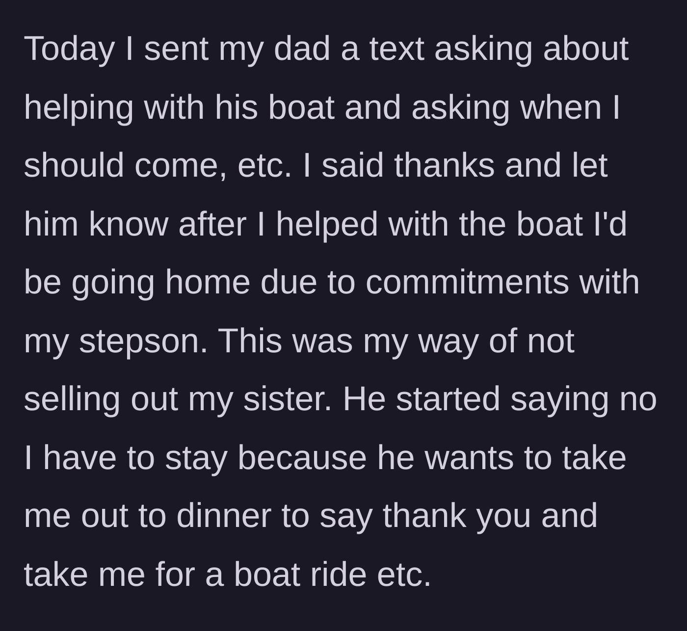 Story part 4 - Groom texting his dad to confirm the boat trip but setting a hard out time.