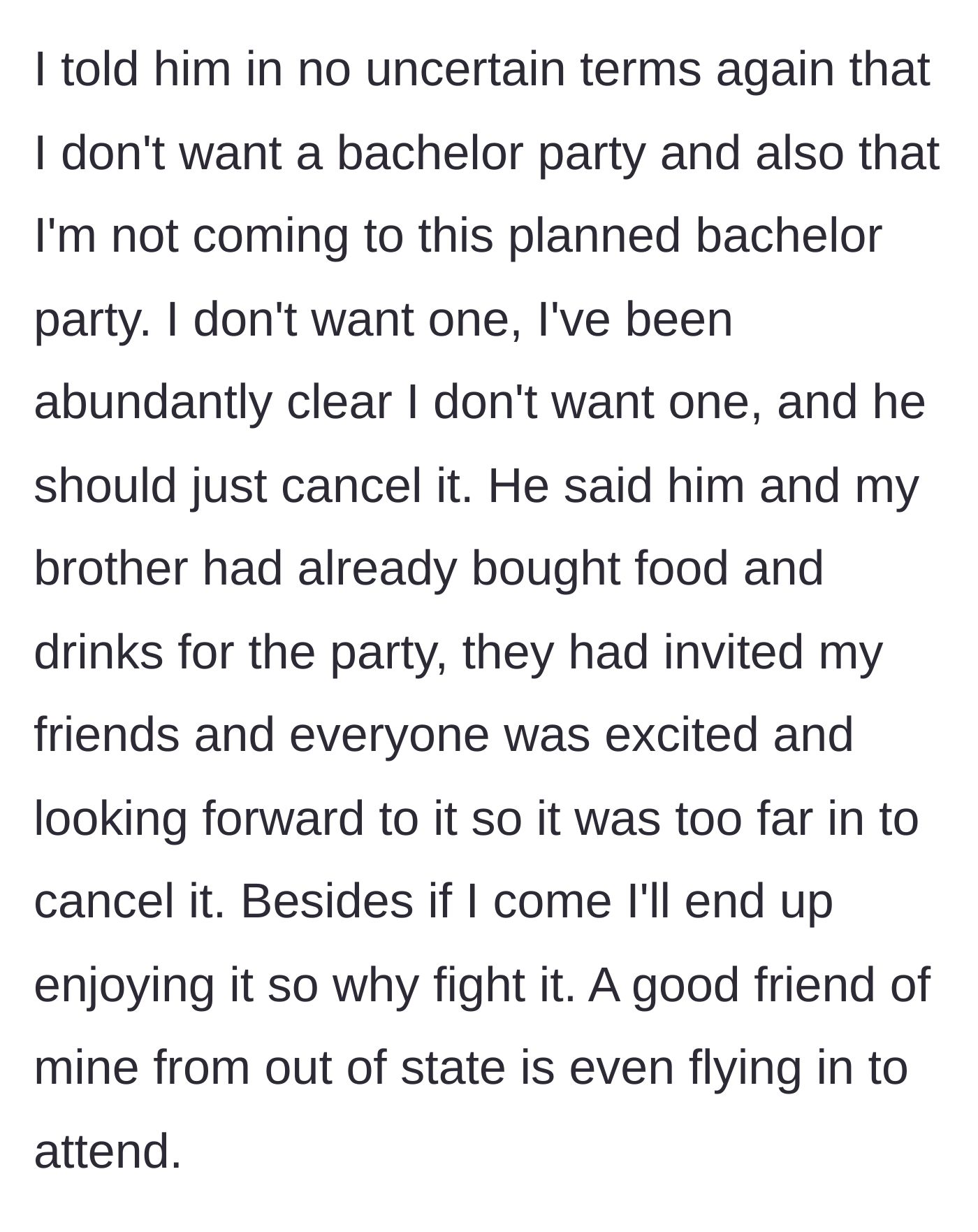 Story part 6 - Groom officially refusing to attend, and Dad using guilt trips about food and guests.