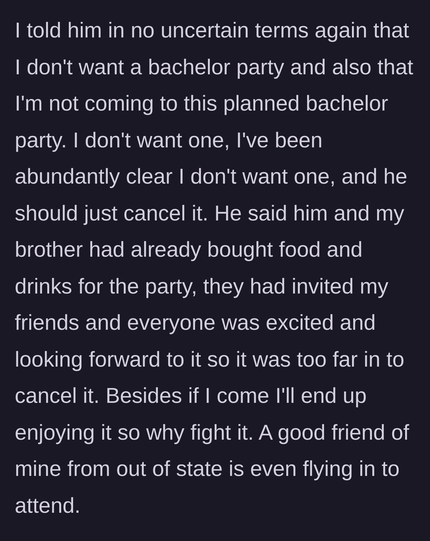 Story part 6 - Groom officially refusing to attend, and Dad using guilt trips about food and guests.