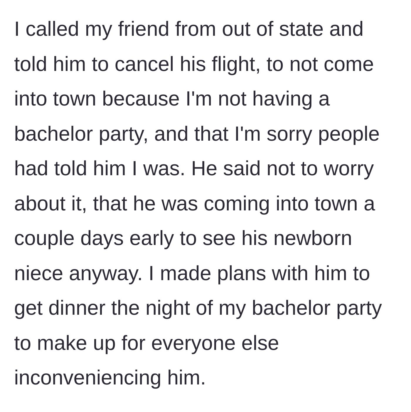 Story part 8 - Groom calling his out-of-state friend, who is completely understanding.