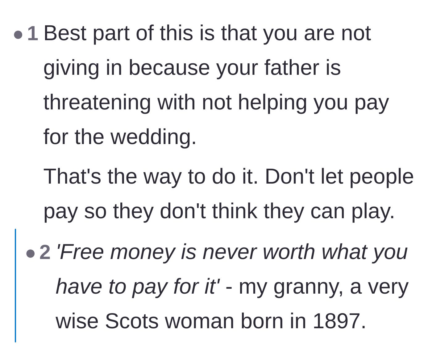 Comment thread 1 - Readers sharing wild stories about manipulative relatives using money to control weddings.