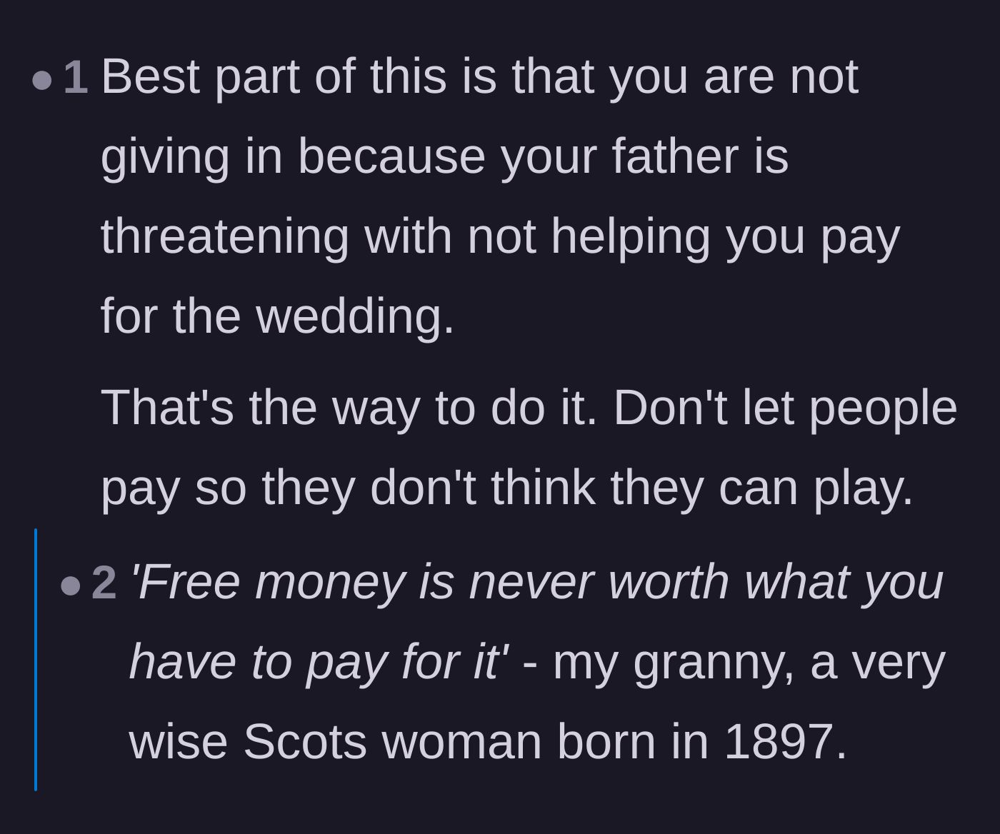 Comment thread 1 - Readers sharing wild stories about manipulative relatives using money to control weddings.