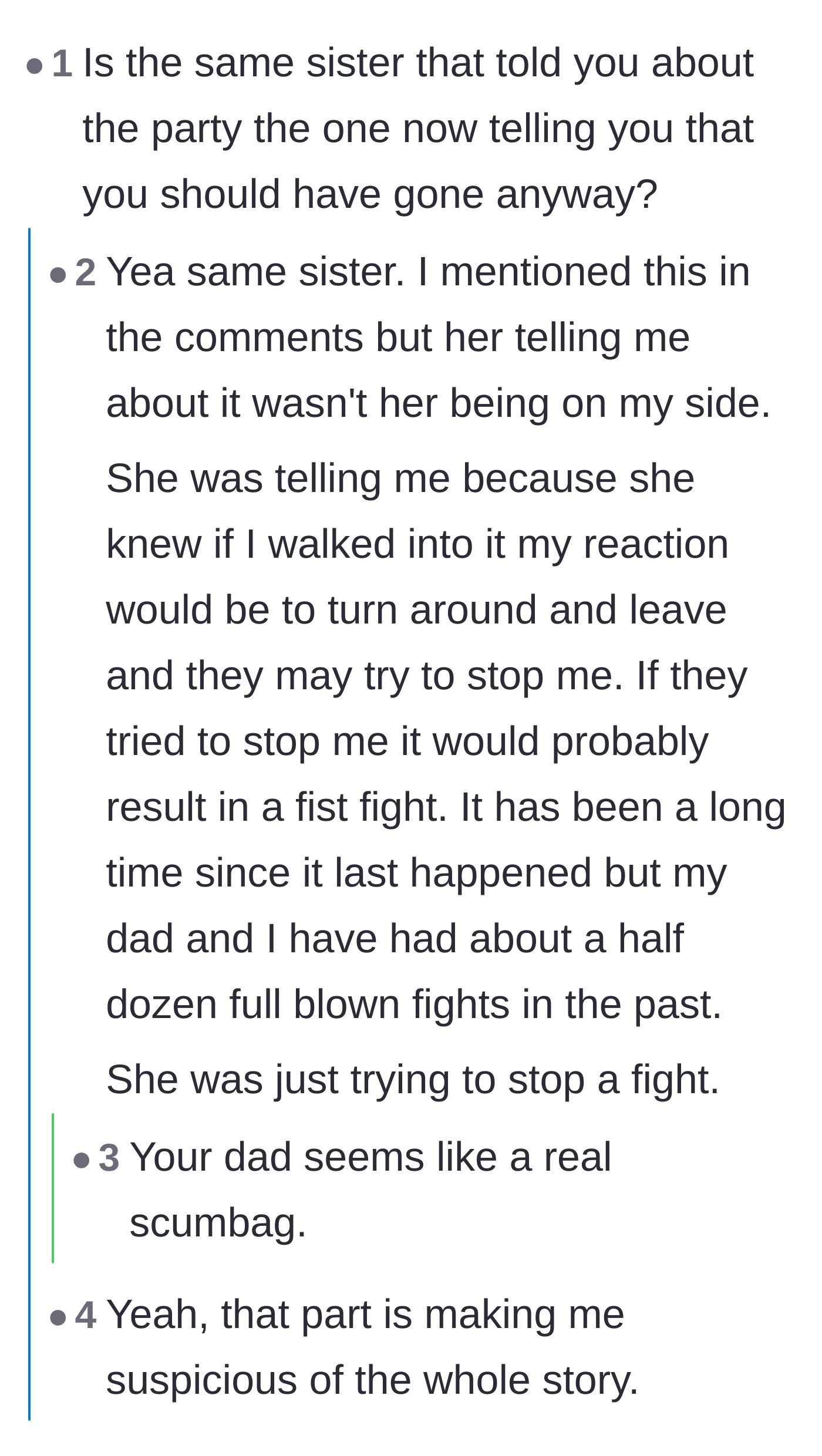 Comment thread 4 - Groom dropping the bombshell that his sister only warned him to prevent a physical brawl.