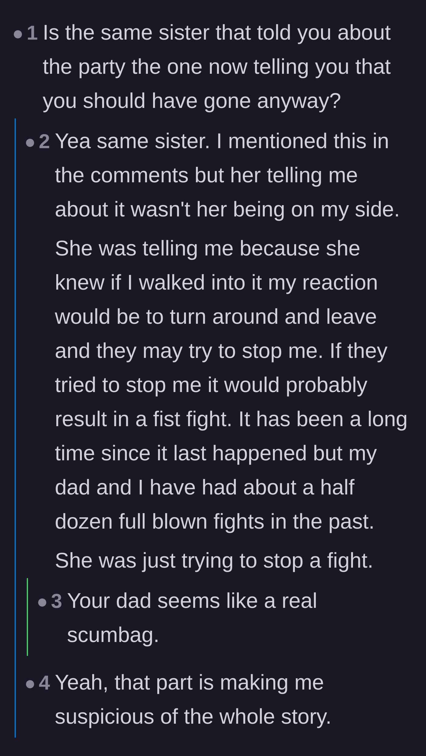 Comment thread 4 - Groom dropping the bombshell that his sister only warned him to prevent a physical brawl.