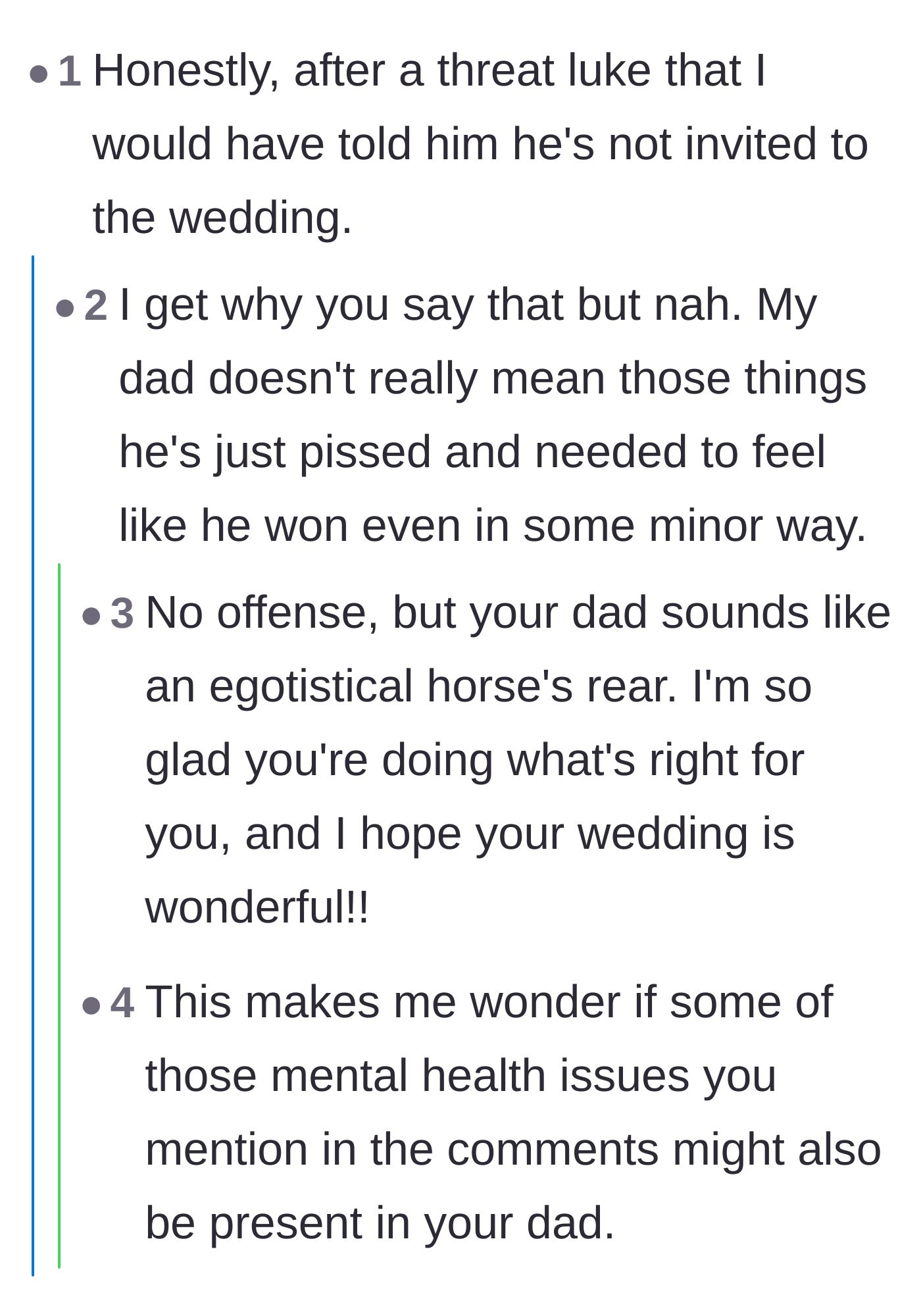 Comment thread 5 - Debate on whether the dad will try to ruin the actual wedding ceremony to 'win.'