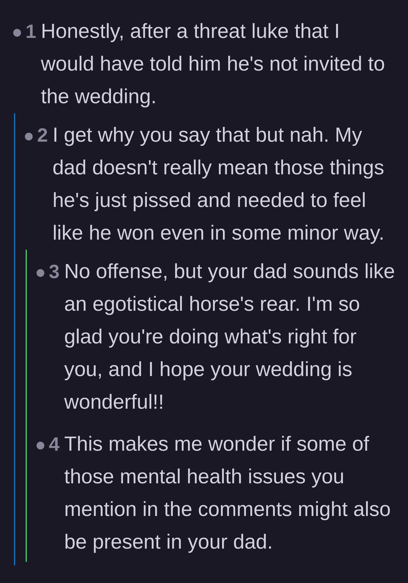 Comment thread 5 - Debate on whether the dad will try to ruin the actual wedding ceremony to 'win.'