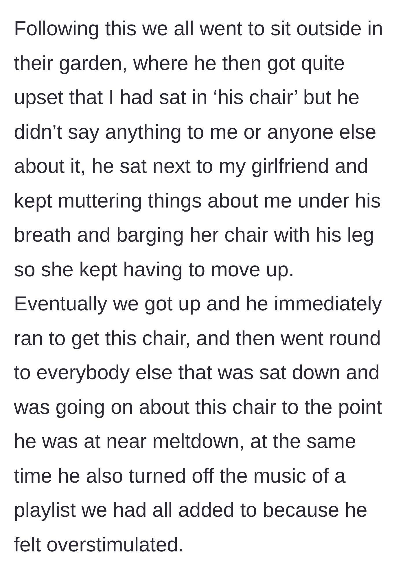 Story part 3 - A man pouting and aggressively bumping a woman's chair before storming over to turn off the party music.