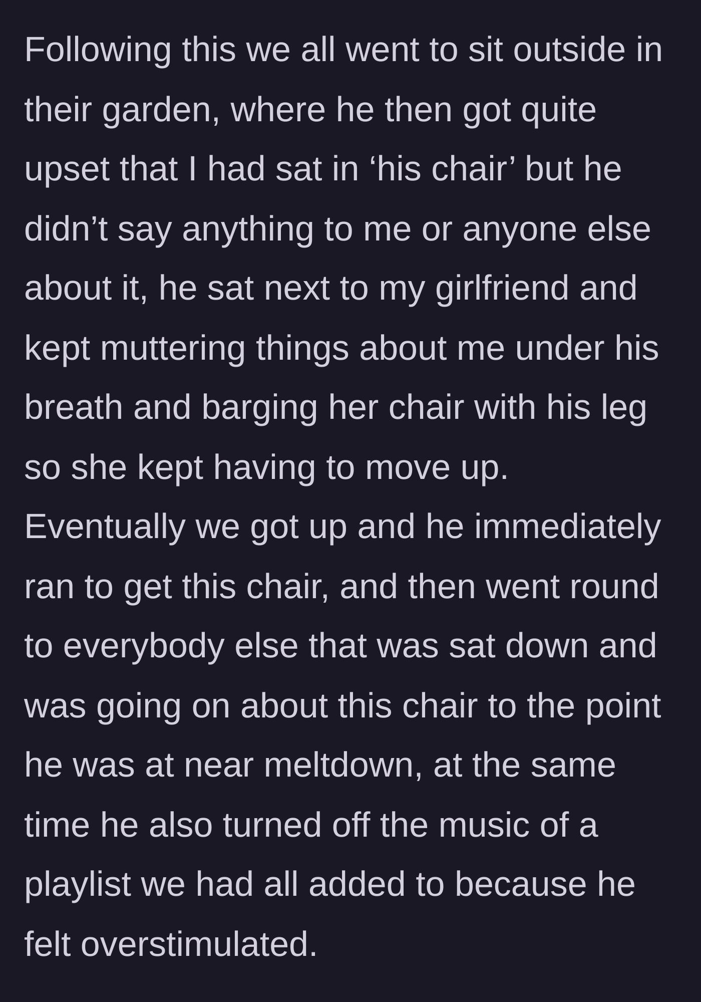 Story part 3 - A man pouting and aggressively bumping a woman's chair before storming over to turn off the party music.