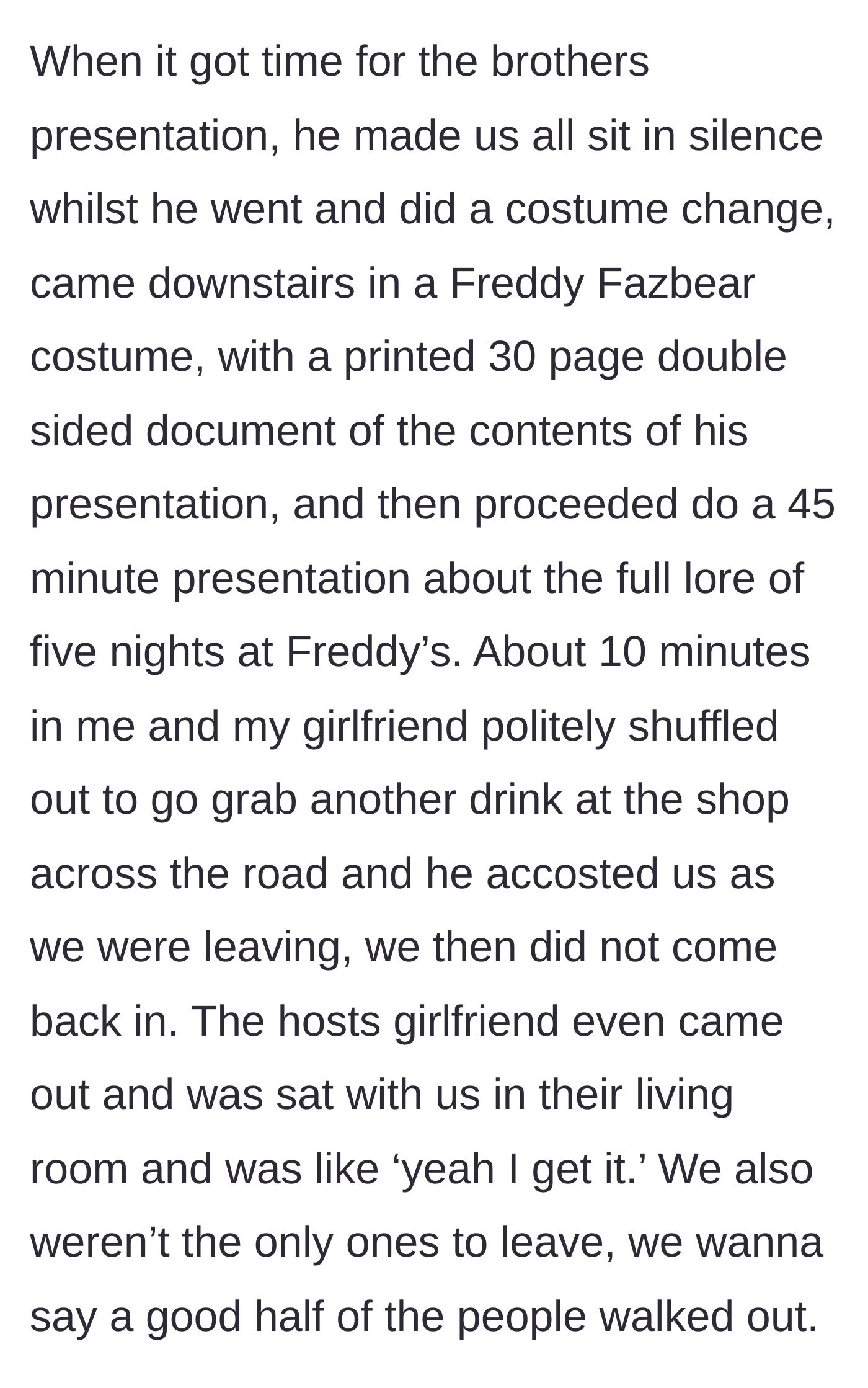 Story part 5 - A man wearing a full Freddy Fazbear costume holding a massive stack of papers for a ridiculously long presentation.