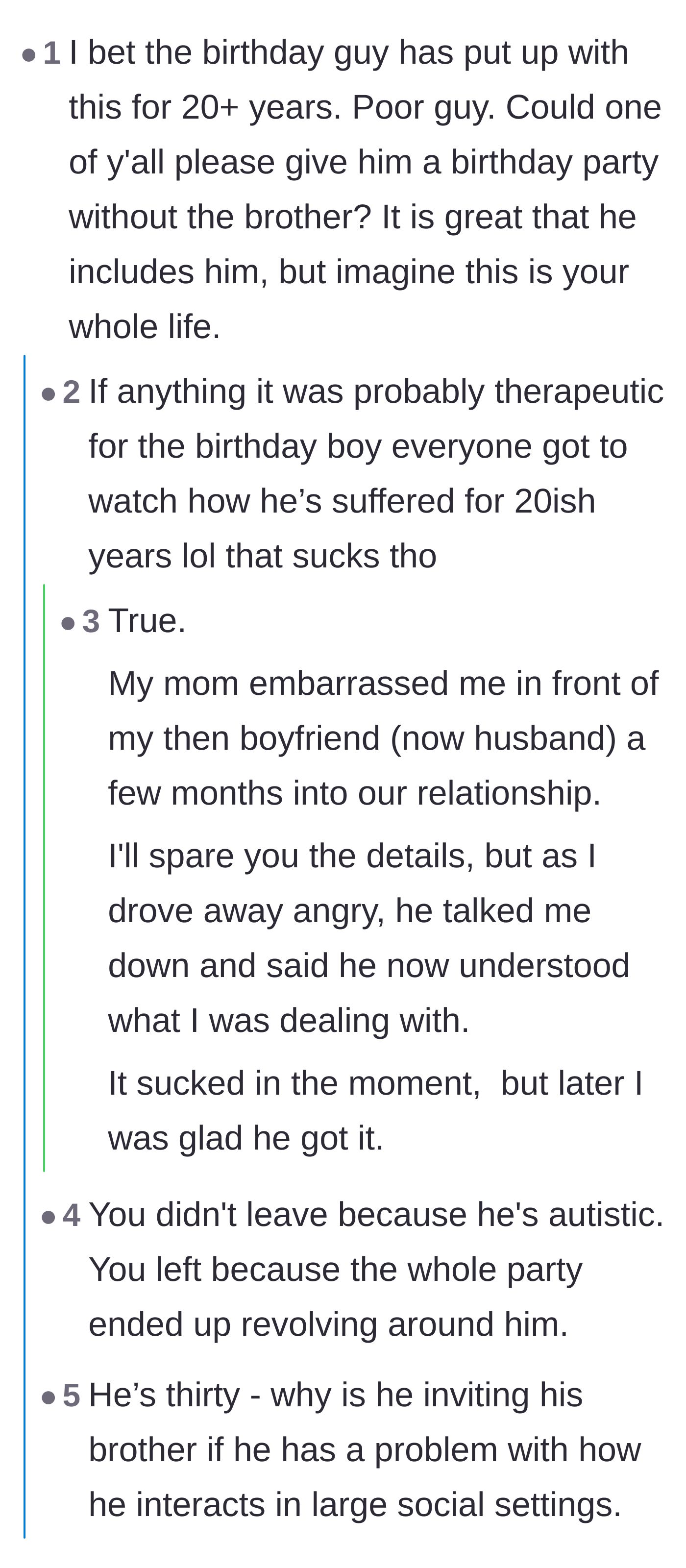 Comment thread 1 - Readers expressing sympathy for the birthday boy and speculating on the lifelong family dynamics that force him to include his brother.