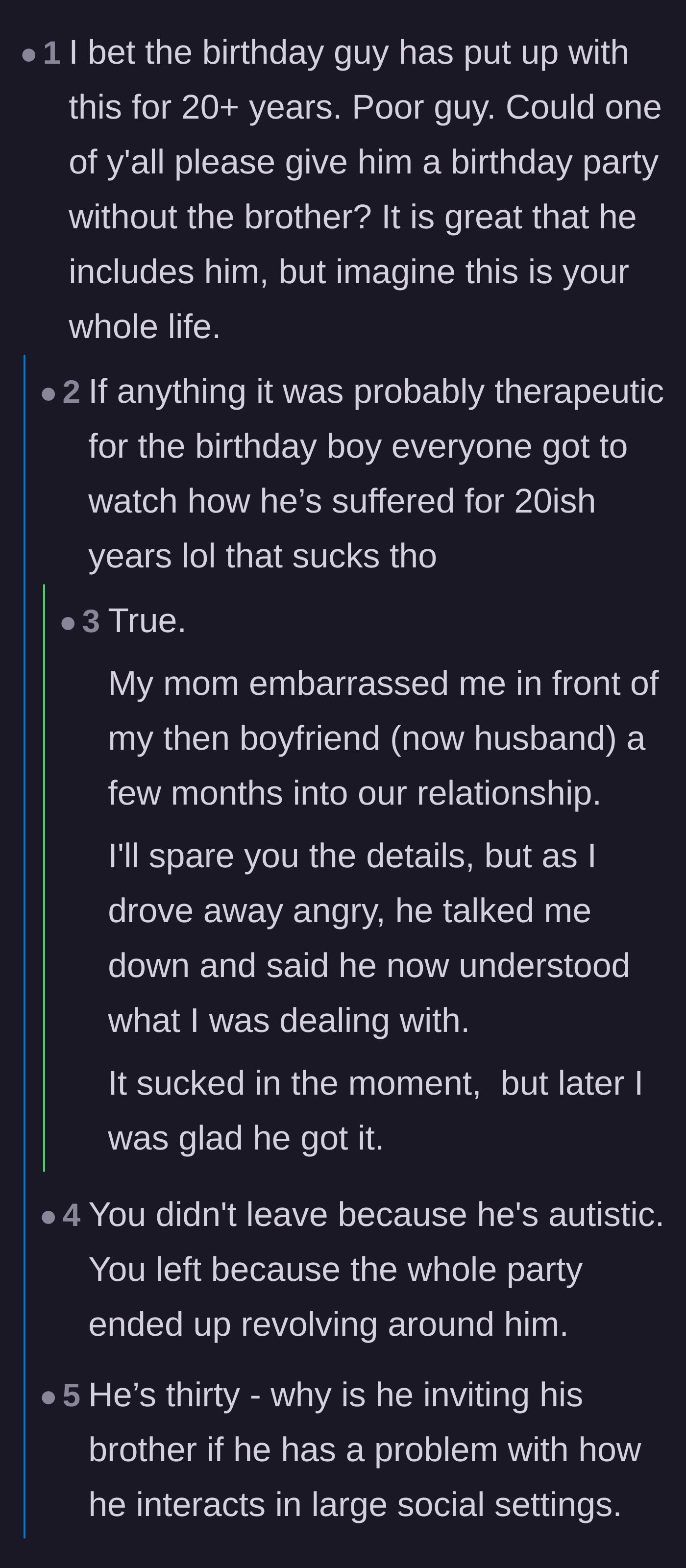 Comment thread 1 - Readers expressing sympathy for the birthday boy and speculating on the lifelong family dynamics that force him to include his brother.