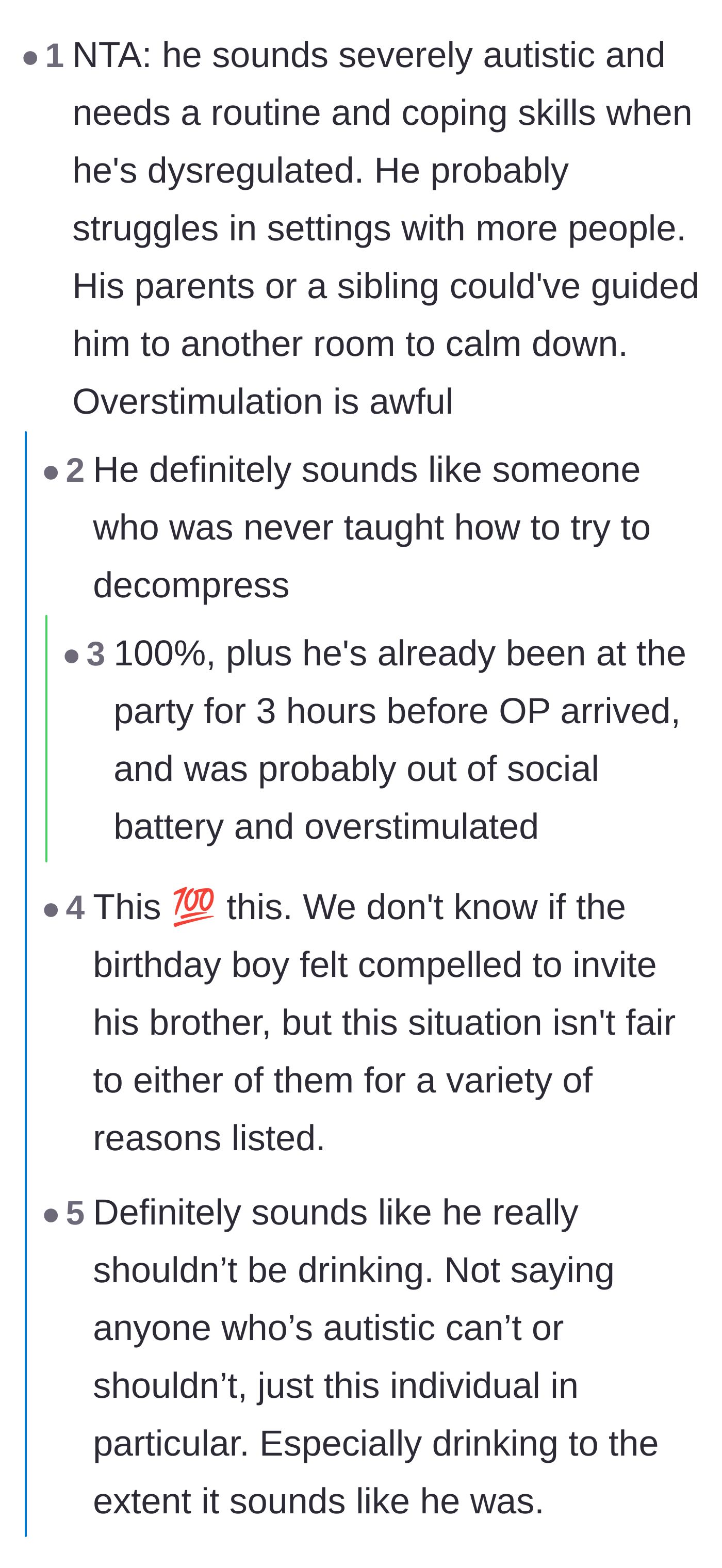 Comment thread 3 - Debating the brother's lack of coping mechanisms and the terrible idea of mixing heavy drinking with sensory overload.
