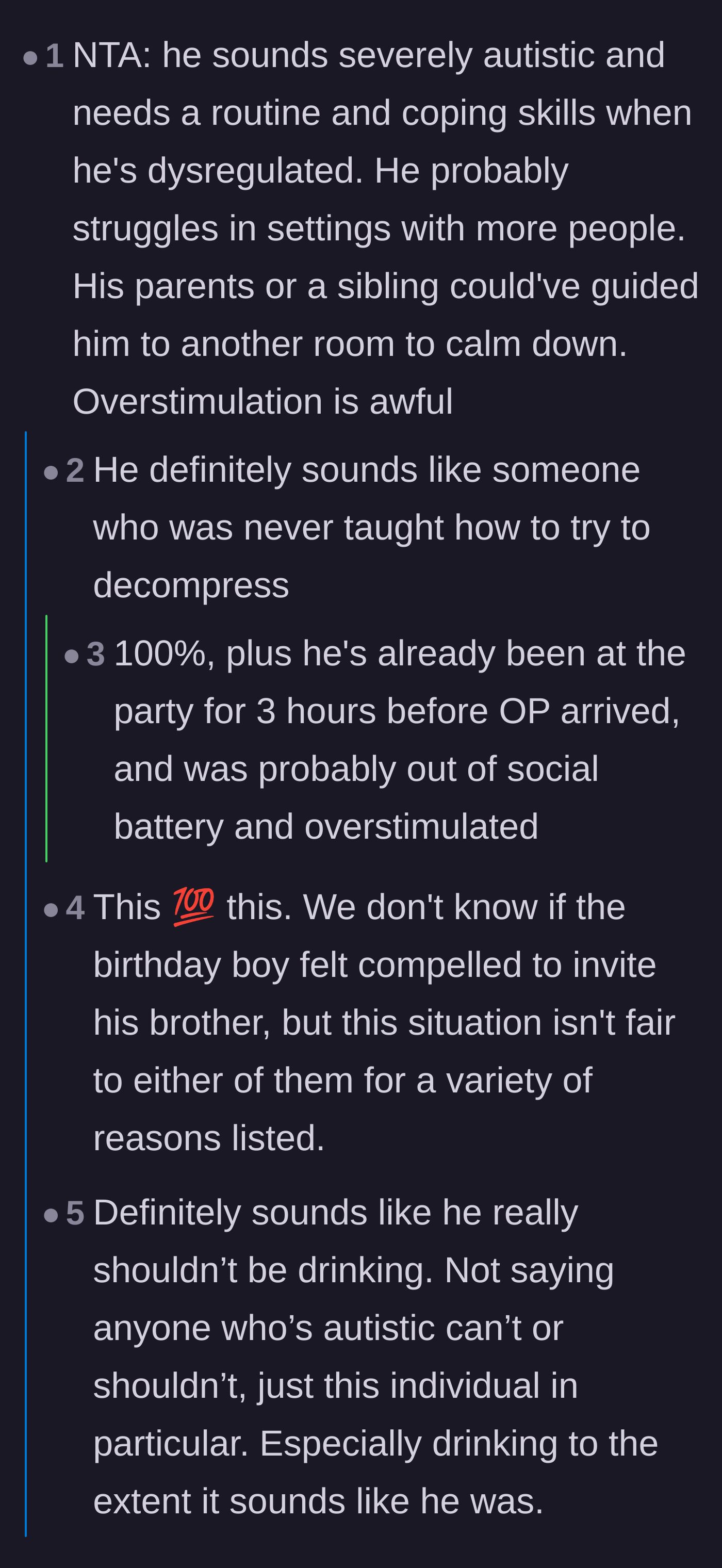Comment thread 3 - Debating the brother's lack of coping mechanisms and the terrible idea of mixing heavy drinking with sensory overload.