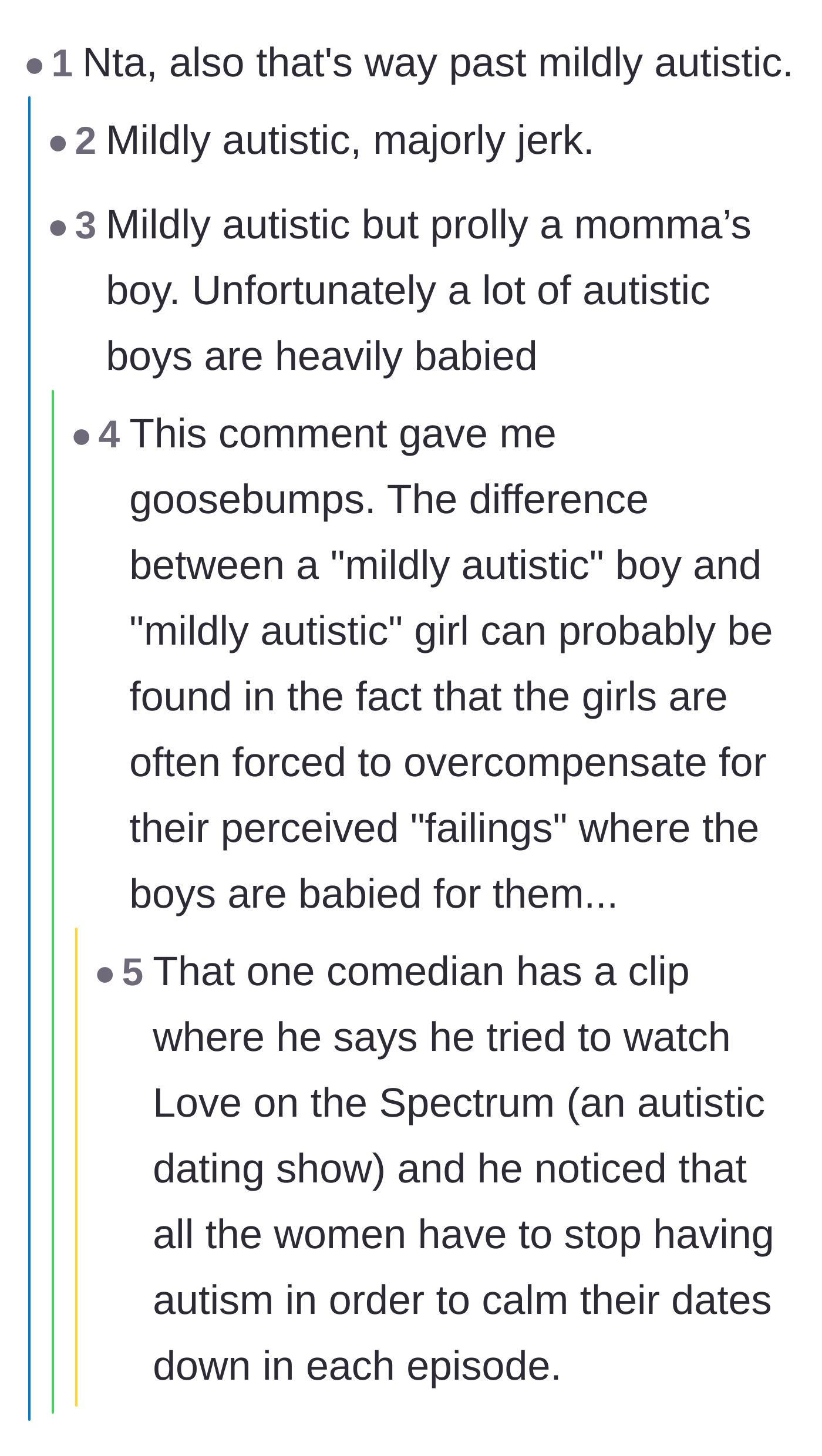 Comment thread 5 - A deep dive into the double standards of how autistic boys are babied while autistic girls are pressured to mask.