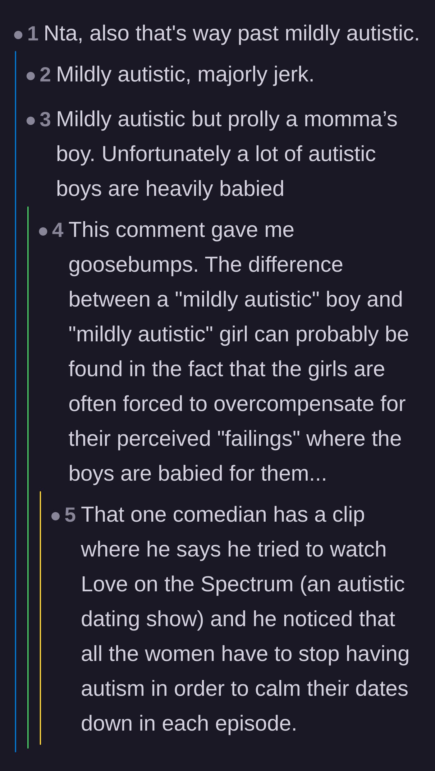 Comment thread 5 - A deep dive into the double standards of how autistic boys are babied while autistic girls are pressured to mask.