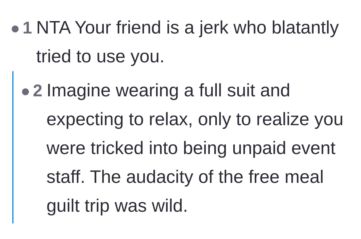 Comment thread 2 - Outrage over the groom tricking a fully suited guest into becoming unpaid event staff