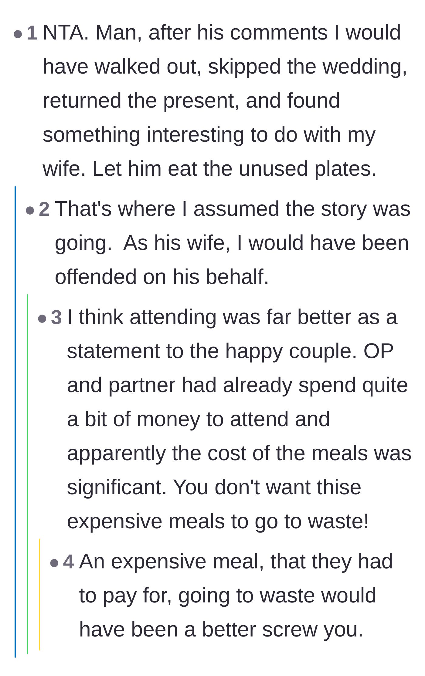 Comment thread 4 - Commenters debating whether walking out and letting the expensive meals go to waste would have been better revenge